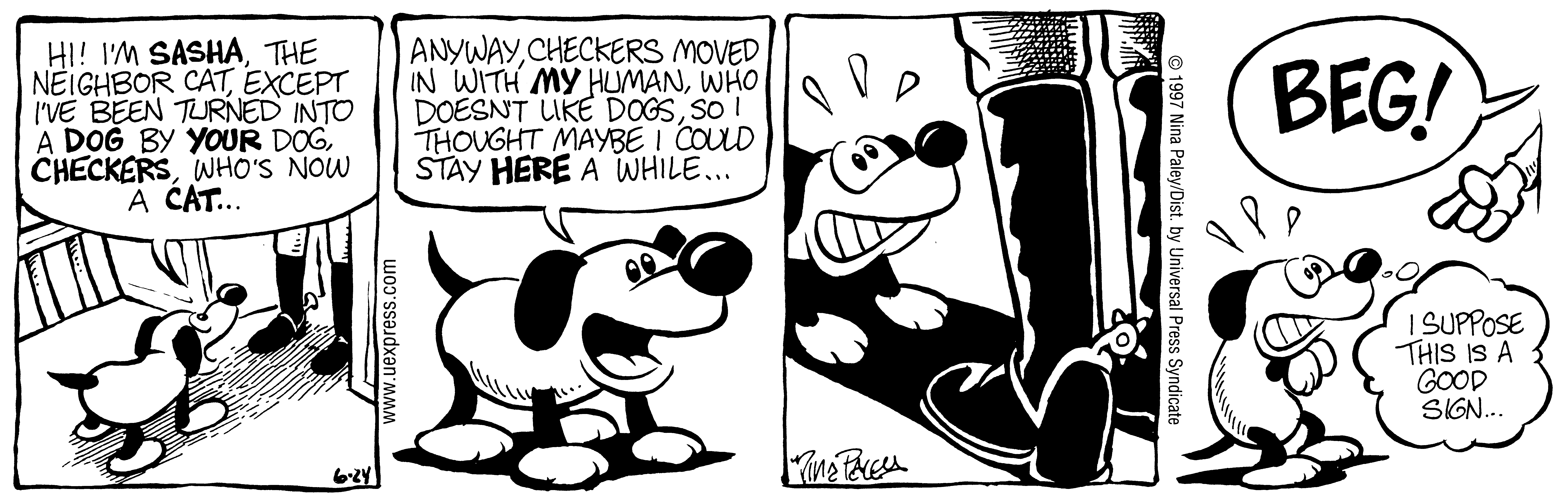 Fluff daily strip, Jun 24, 1997. Nina Paley, CC BY-SA 3.0 US. Print master from https://archive.org/details/FluffComicStrips (TIFF converted losslessly to PNG for the web).