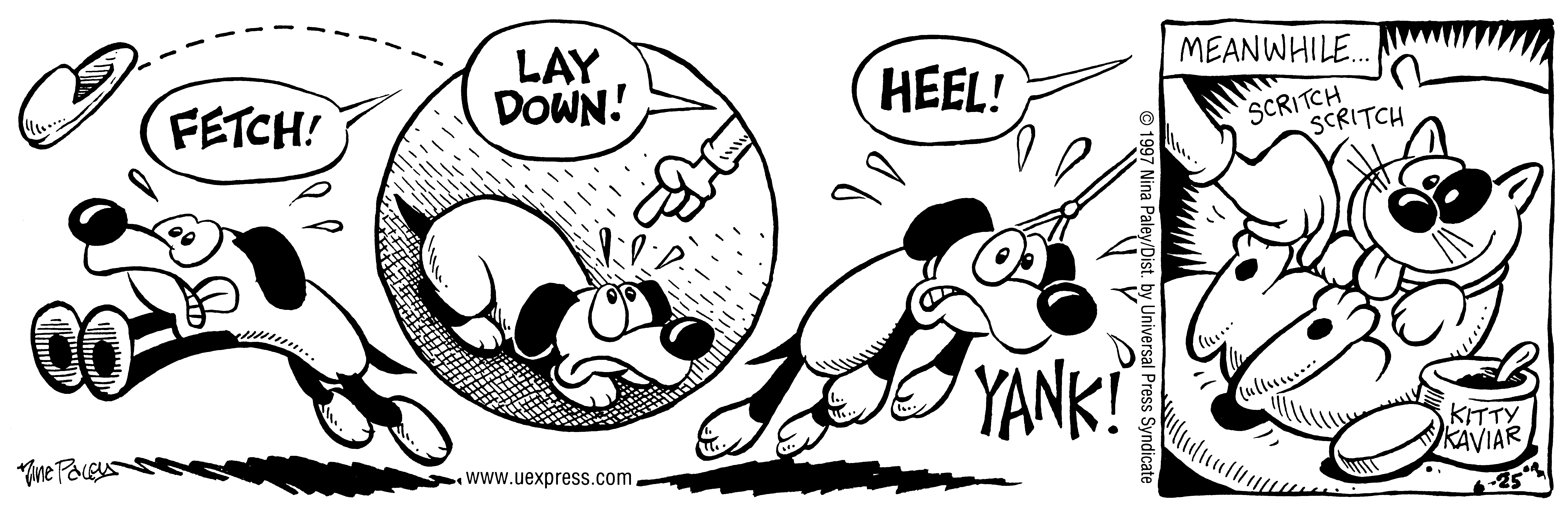 Fluff daily strip, Jun 25, 1997. Nina Paley, CC BY-SA 3.0 US. Print master from https://archive.org/details/FluffComicStrips (TIFF converted losslessly to PNG for the web).