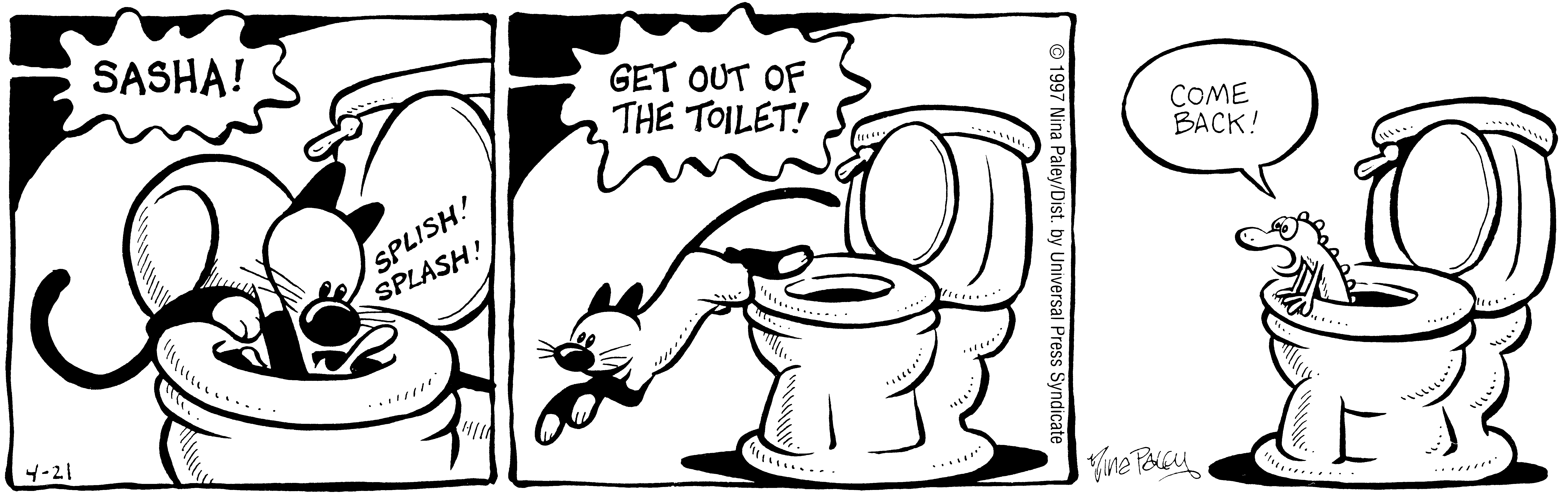 Fluff daily strip, Apr 21, 1997. Nina Paley, CC BY-SA 3.0 US. Print master from https://archive.org/details/FluffComicStrips (TIFF converted losslessly to PNG for the web).