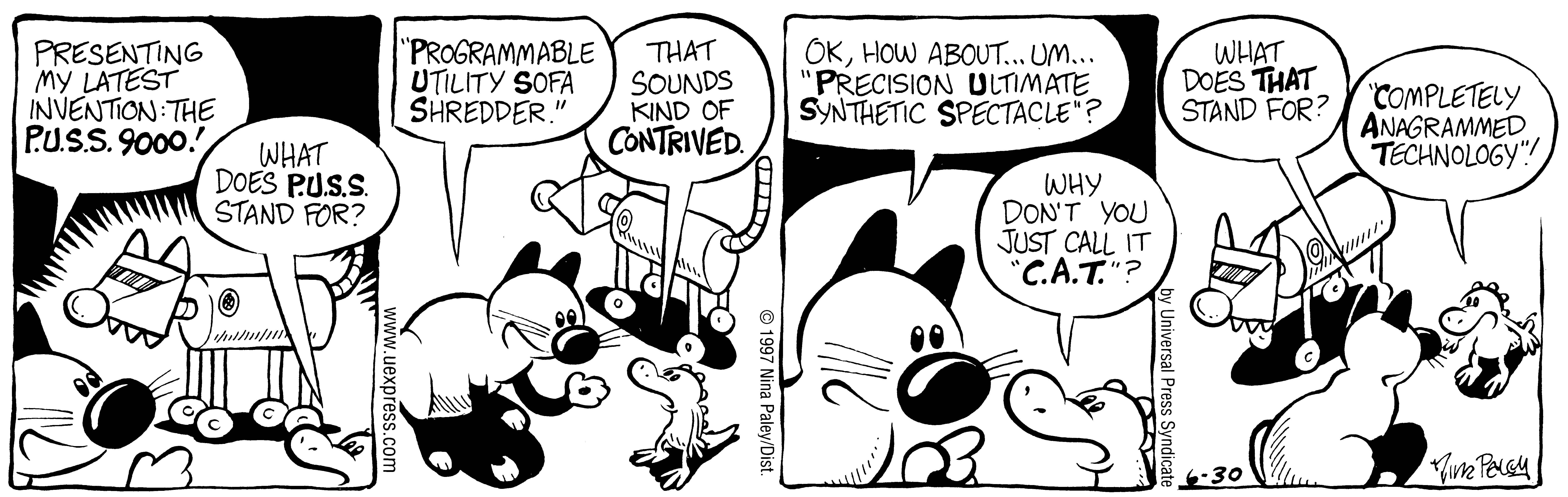 Fluff daily strip, Jun 30, 1997. Nina Paley, CC BY-SA 3.0 US. Print master from https://archive.org/details/FluffComicStrips (TIFF converted losslessly to PNG for the web).
