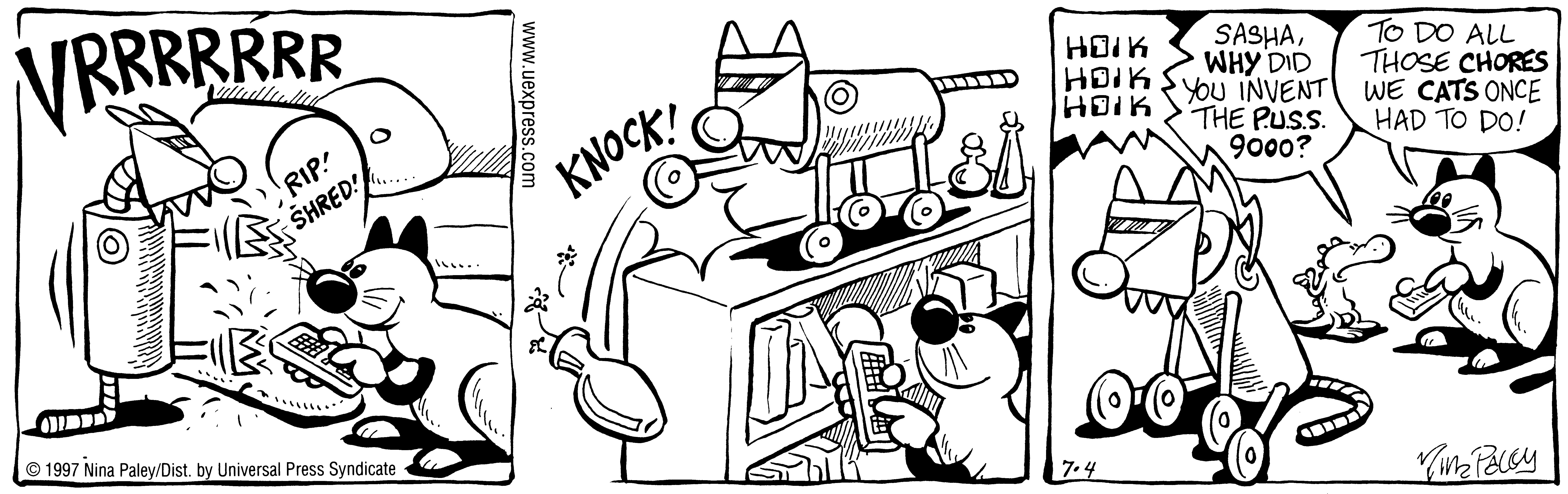 Fluff daily strip, Jul 4, 1997. Nina Paley, CC BY-SA 3.0 US. Print master from https://archive.org/details/FluffComicStrips (TIFF converted losslessly to PNG for the web).