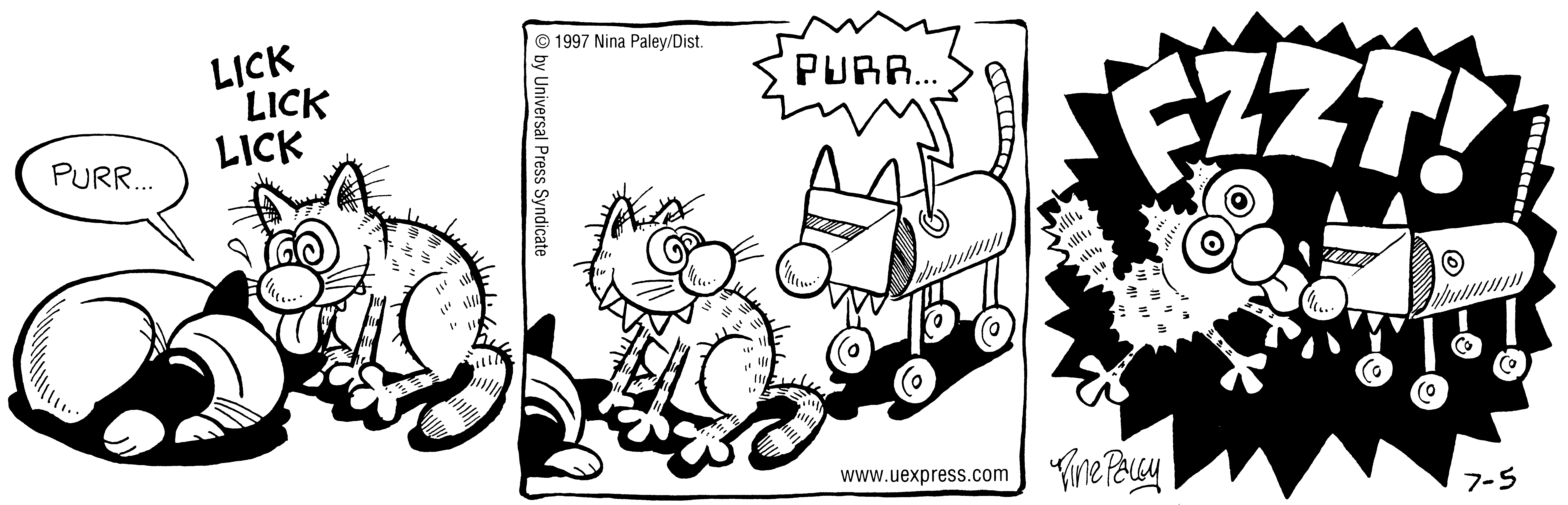 Fluff daily strip, Jul 5, 1997. Nina Paley, CC BY-SA 3.0 US. Print master from https://archive.org/details/FluffComicStrips (TIFF converted losslessly to PNG for the web).