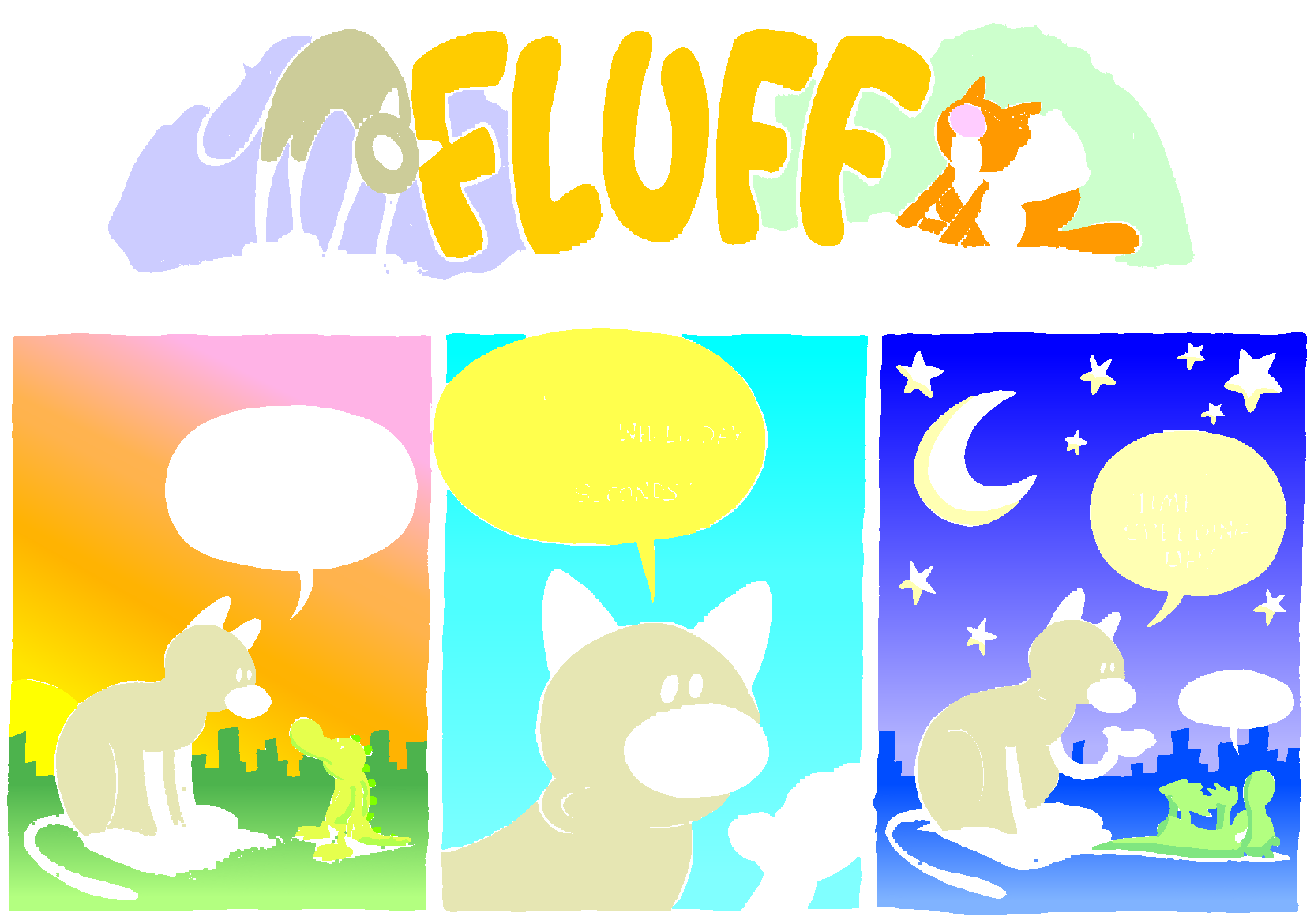 Fluff sunday strip, Jul 6, 1997. Nina Paley, CC BY-SA 3.0 US. Print master from https://archive.org/details/FluffComicStrips (TIFF converted losslessly to PNG for the web).
