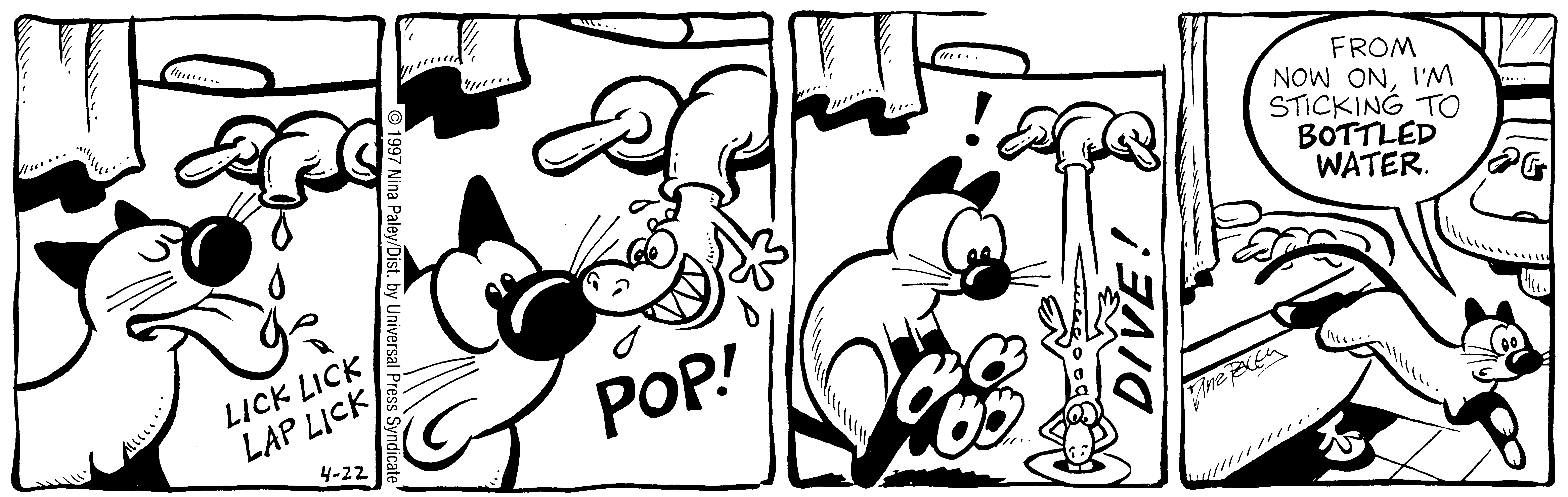 Fluff daily strip, Apr 22, 1997. Nina Paley, CC BY-SA 3.0 US. Print master from https://archive.org/details/FluffComicStrips (TIFF converted losslessly to PNG for the web).