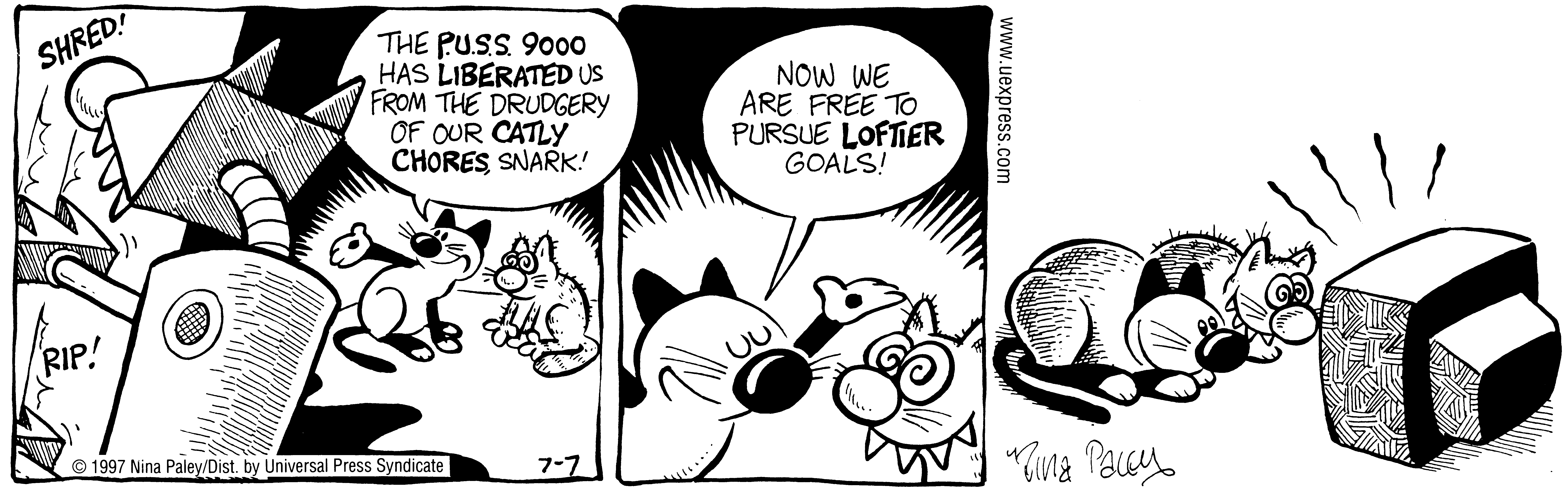 Fluff daily strip, Jul 7, 1997. Nina Paley, CC BY-SA 3.0 US. Print master from https://archive.org/details/FluffComicStrips (TIFF converted losslessly to PNG for the web).