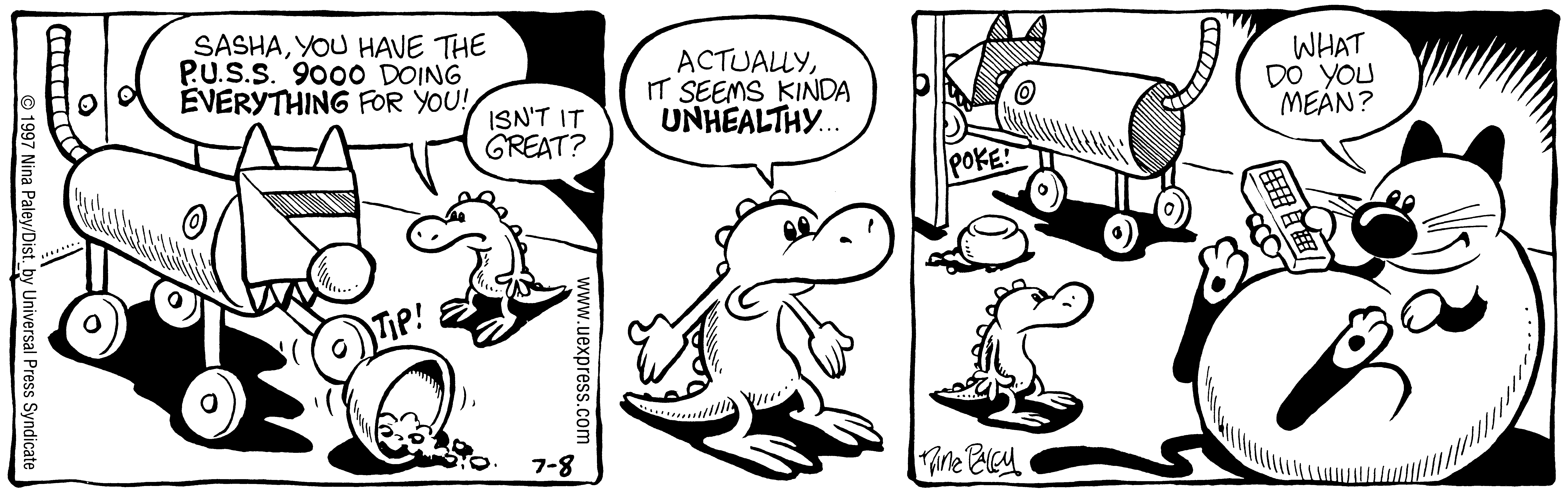Fluff daily strip, Jul 8, 1997. Nina Paley, CC BY-SA 3.0 US. Print master from https://archive.org/details/FluffComicStrips (TIFF converted losslessly to PNG for the web).
