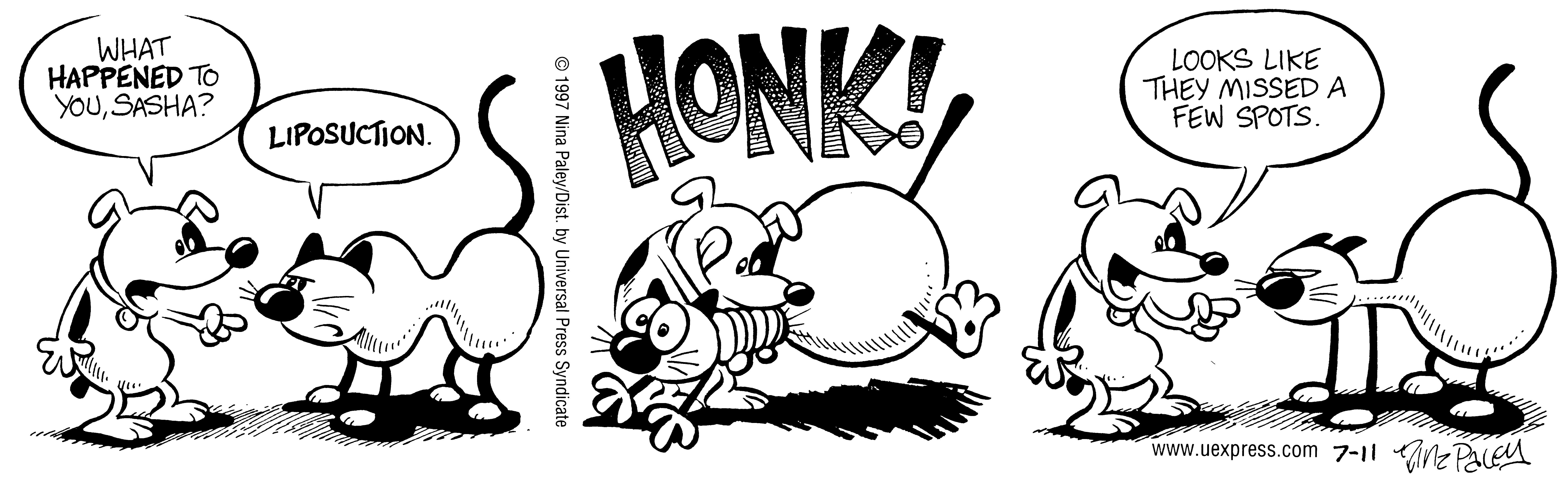 Fluff daily strip, Jul 11, 1997. Nina Paley, CC BY-SA 3.0 US. Print master from https://archive.org/details/FluffComicStrips (TIFF converted losslessly to PNG for the web).