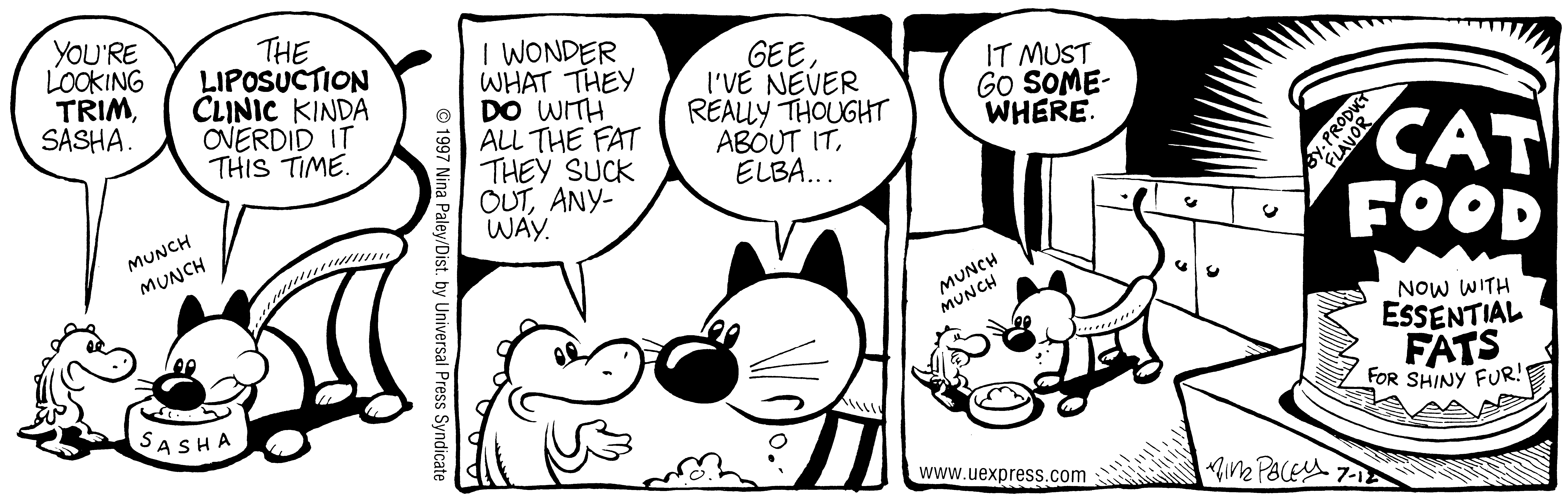 Fluff daily strip, Jul 12, 1997. Nina Paley, CC BY-SA 3.0 US. Print master from https://archive.org/details/FluffComicStrips (TIFF converted losslessly to PNG for the web).