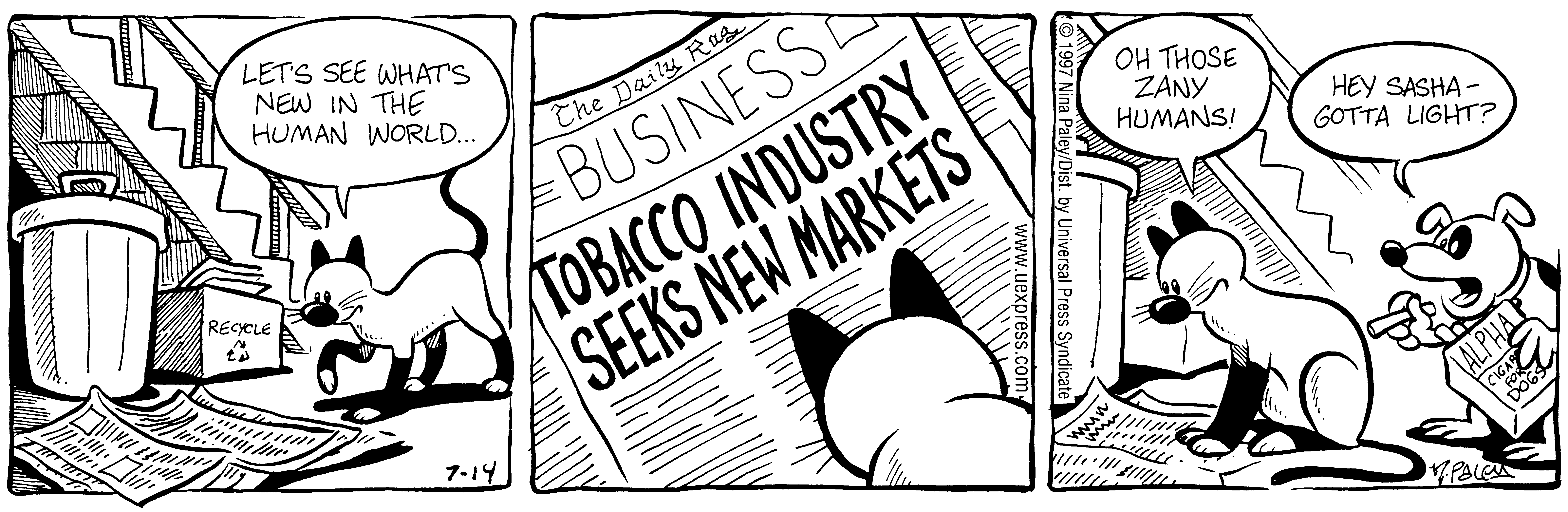 Fluff daily strip, Jul 14, 1997. Nina Paley, CC BY-SA 3.0 US. Print master from https://archive.org/details/FluffComicStrips (TIFF converted losslessly to PNG for the web).