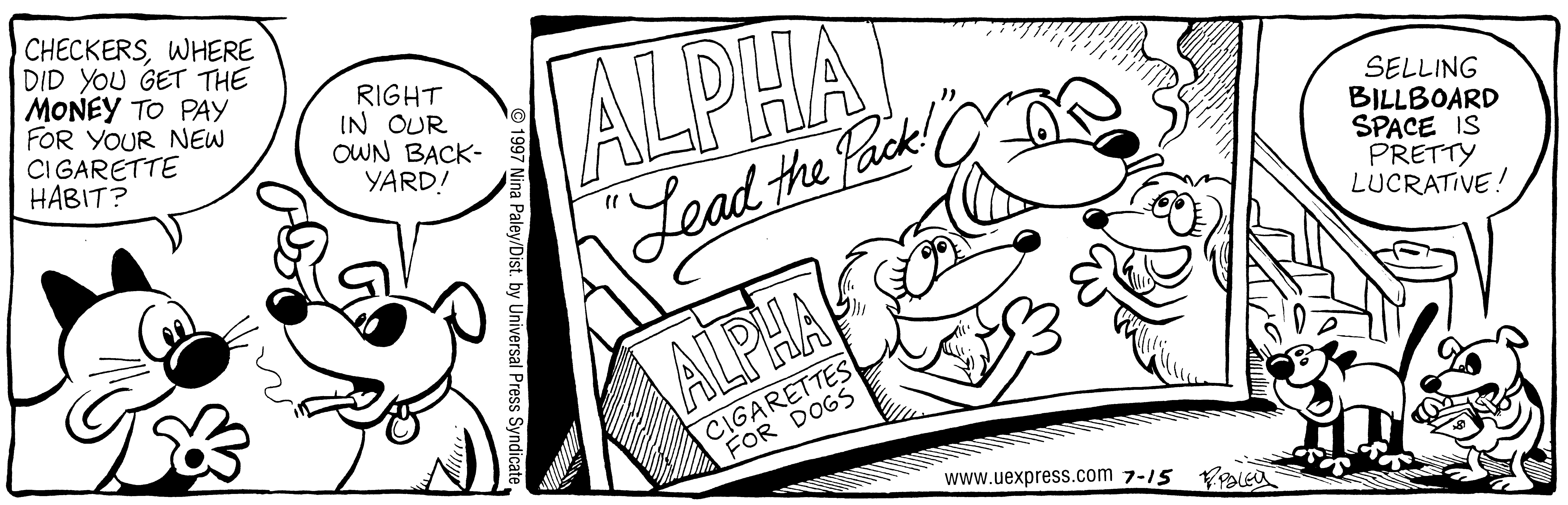 Fluff daily strip, Jul 15, 1997. Nina Paley, CC BY-SA 3.0 US. Print master from https://archive.org/details/FluffComicStrips (TIFF converted losslessly to PNG for the web).