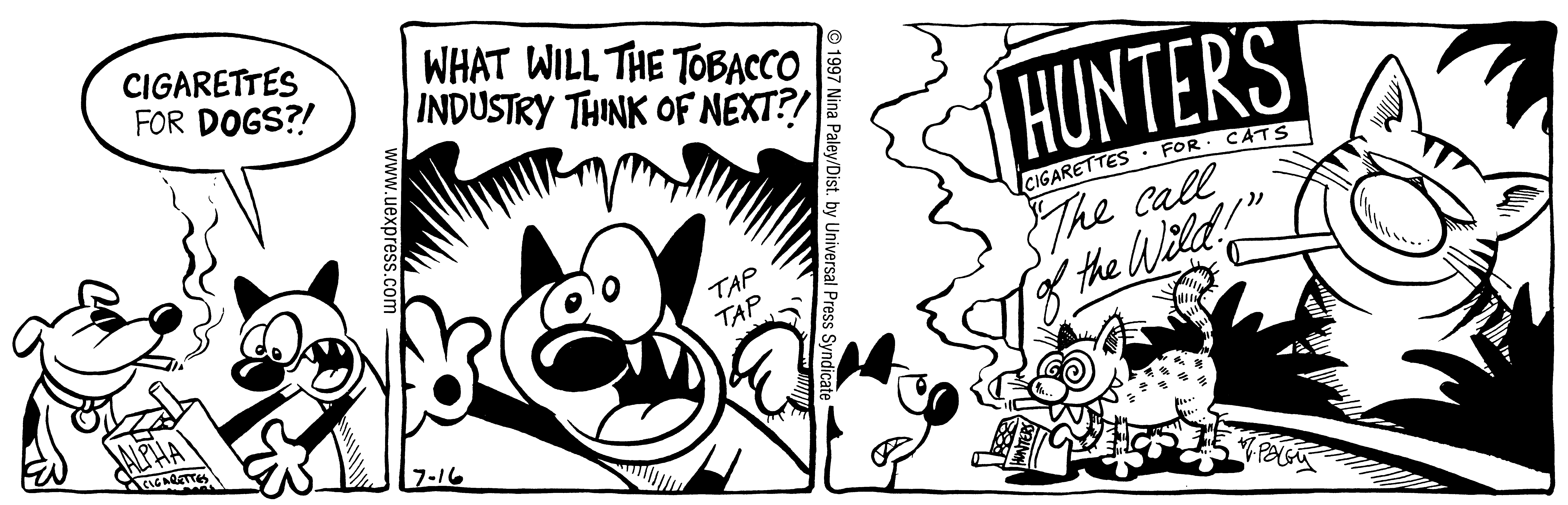 Fluff daily strip, Jul 16, 1997. Nina Paley, CC BY-SA 3.0 US. Print master from https://archive.org/details/FluffComicStrips (TIFF converted losslessly to PNG for the web).