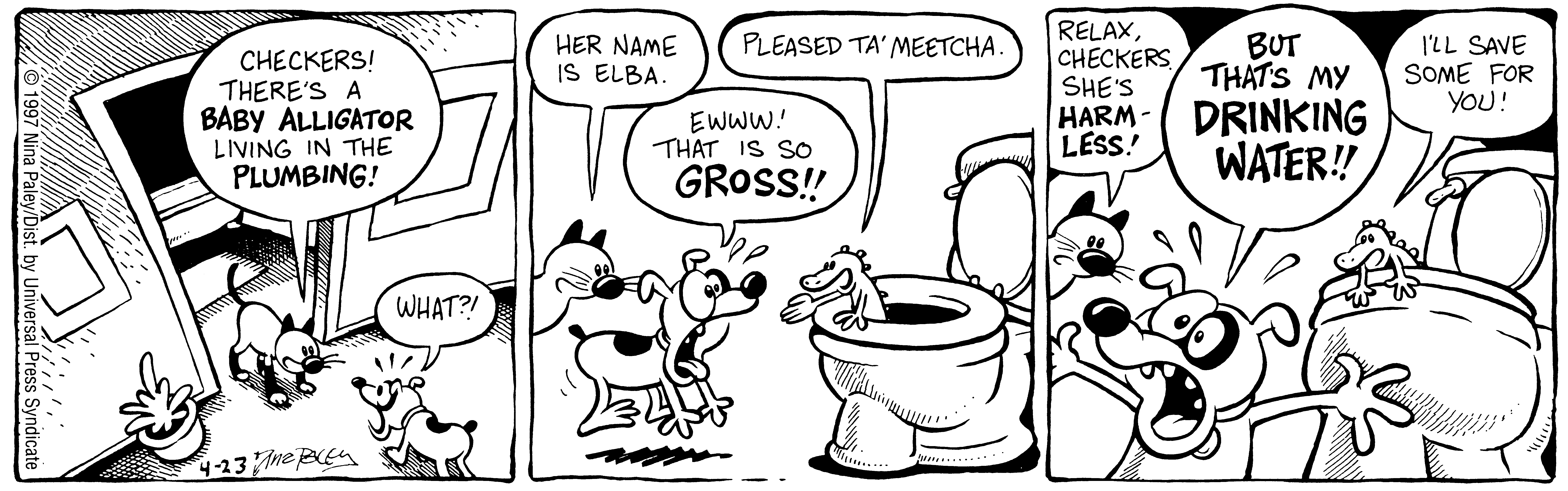 Fluff daily strip, Apr 23, 1997. Nina Paley, CC BY-SA 3.0 US. Print master from https://archive.org/details/FluffComicStrips (TIFF converted losslessly to PNG for the web).