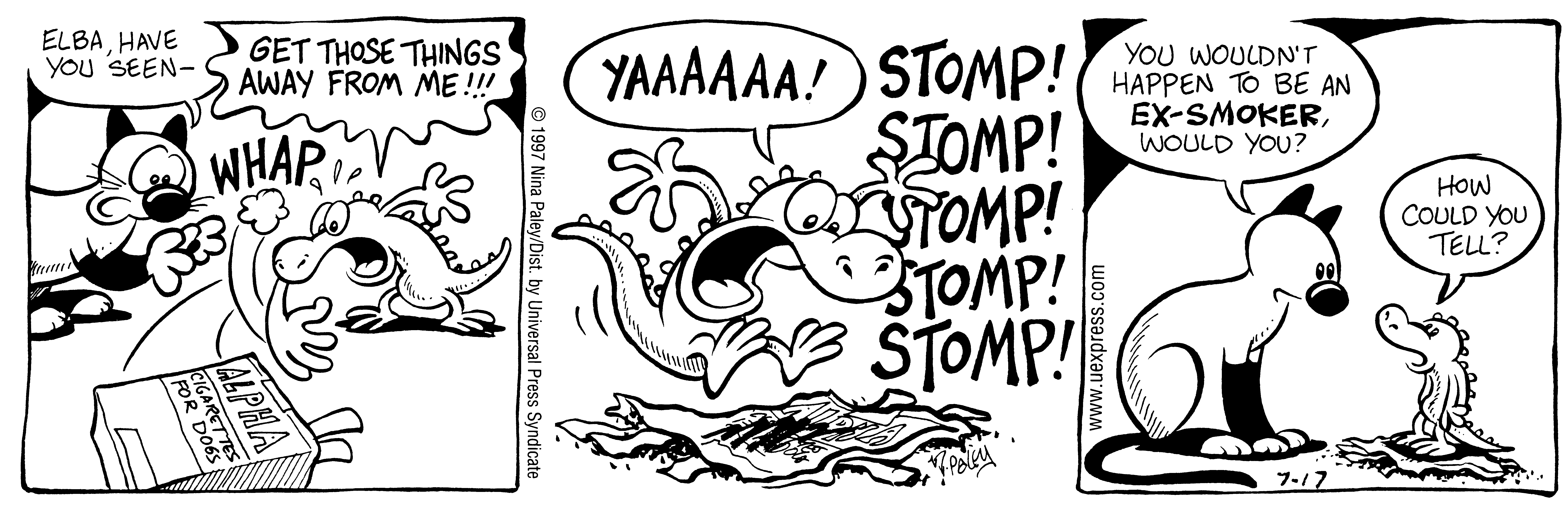 Fluff daily strip, Jul 17, 1997. Nina Paley, CC BY-SA 3.0 US. Print master from https://archive.org/details/FluffComicStrips (TIFF converted losslessly to PNG for the web).