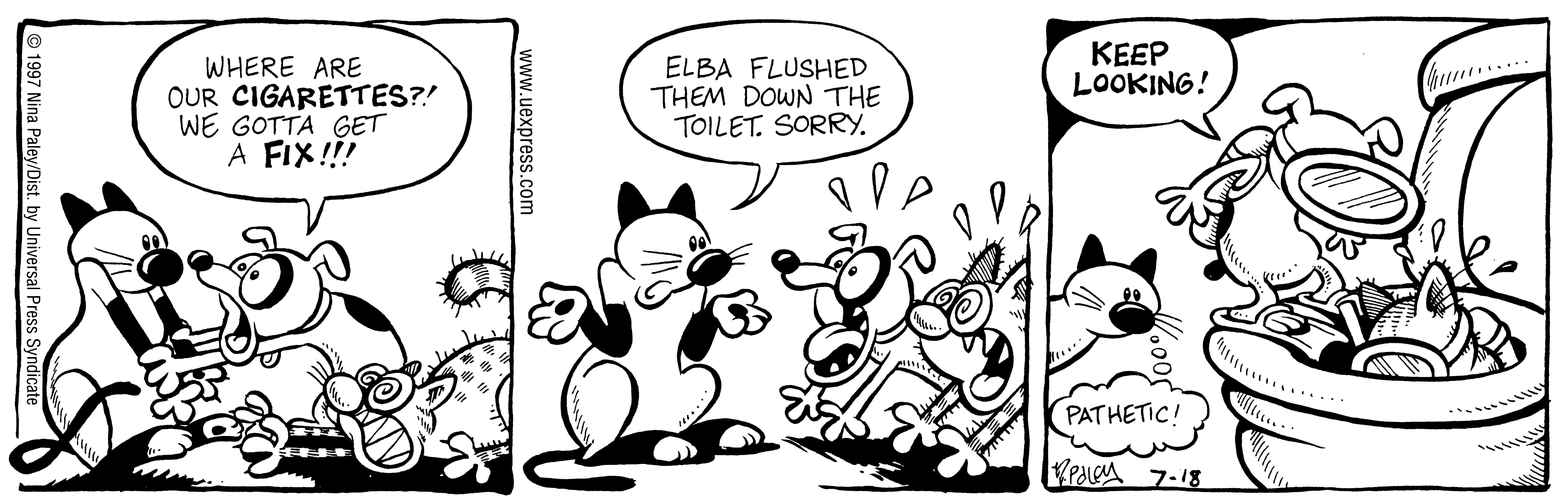 Fluff daily strip, Jul 18, 1997. Nina Paley, CC BY-SA 3.0 US. Print master from https://archive.org/details/FluffComicStrips (TIFF converted losslessly to PNG for the web).