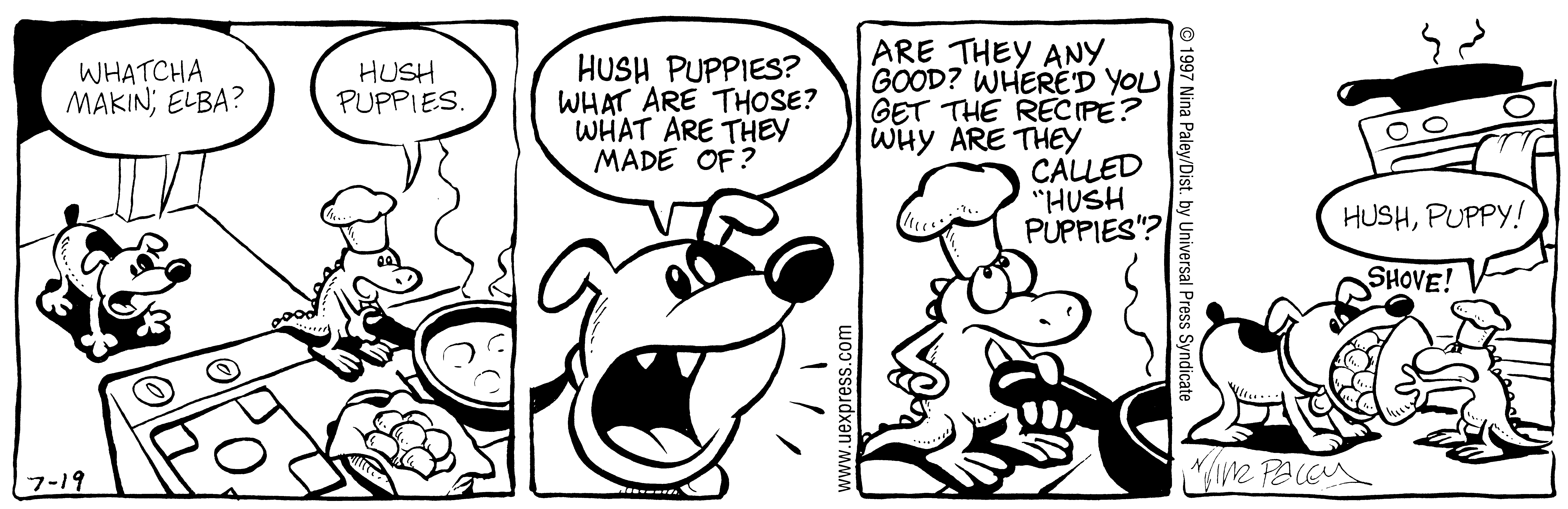 Fluff daily strip, Jul 19, 1997. Nina Paley, CC BY-SA 3.0 US. Print master from https://archive.org/details/FluffComicStrips (TIFF converted losslessly to PNG for the web).