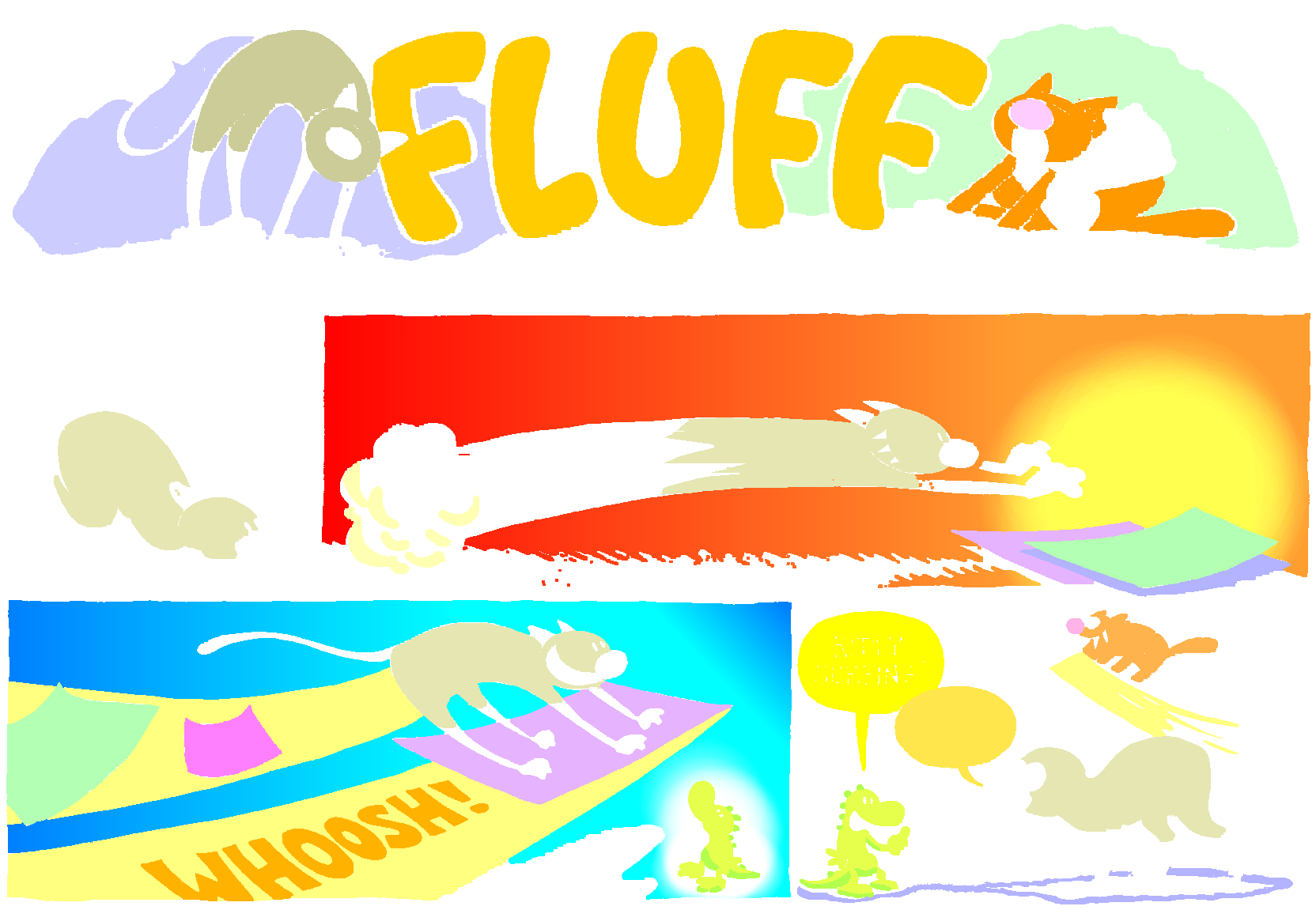 Fluff sunday strip, Jul 20, 1997. Nina Paley, CC BY-SA 3.0 US. Print master from https://archive.org/details/FluffComicStrips (TIFF converted losslessly to PNG for the web).