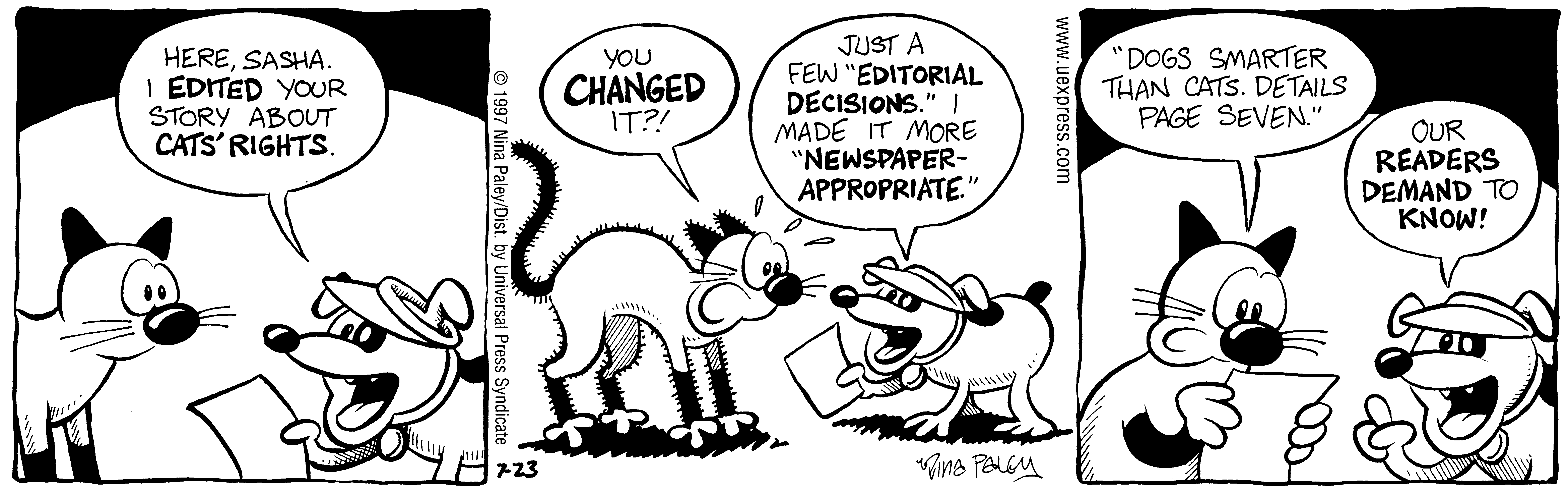 Fluff daily strip, Jul 23, 1997. Nina Paley, CC BY-SA 3.0 US. Print master from https://archive.org/details/FluffComicStrips (TIFF converted losslessly to PNG for the web).