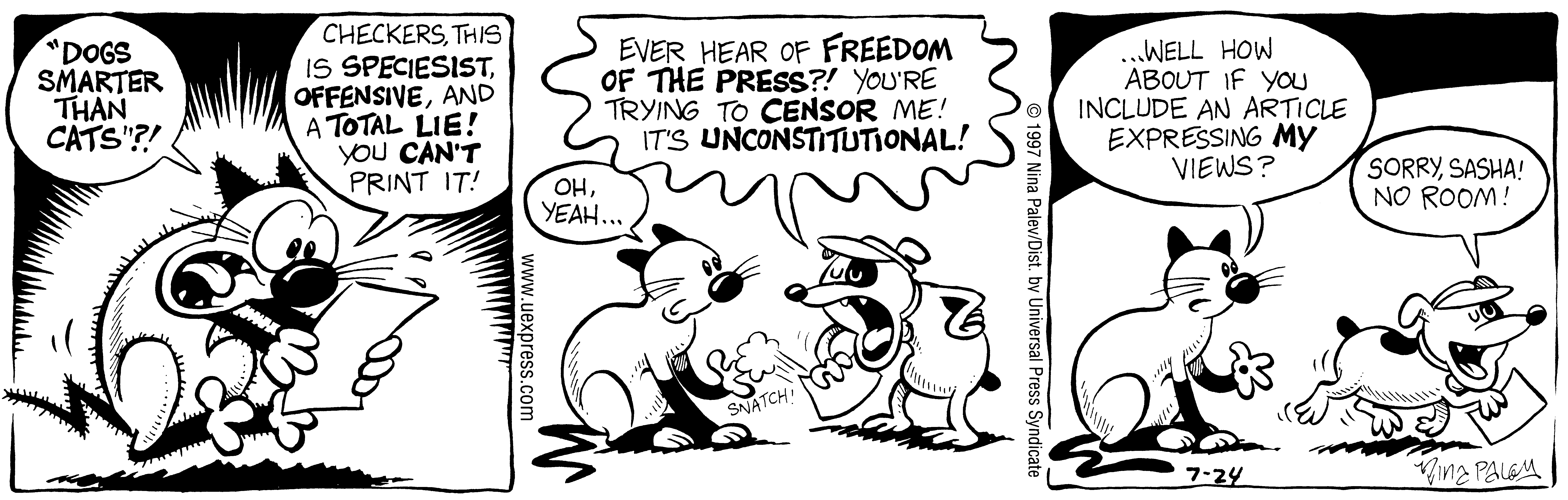 Fluff daily strip, Jul 24, 1997. Nina Paley, CC BY-SA 3.0 US. Print master from https://archive.org/details/FluffComicStrips (TIFF converted losslessly to PNG for the web).