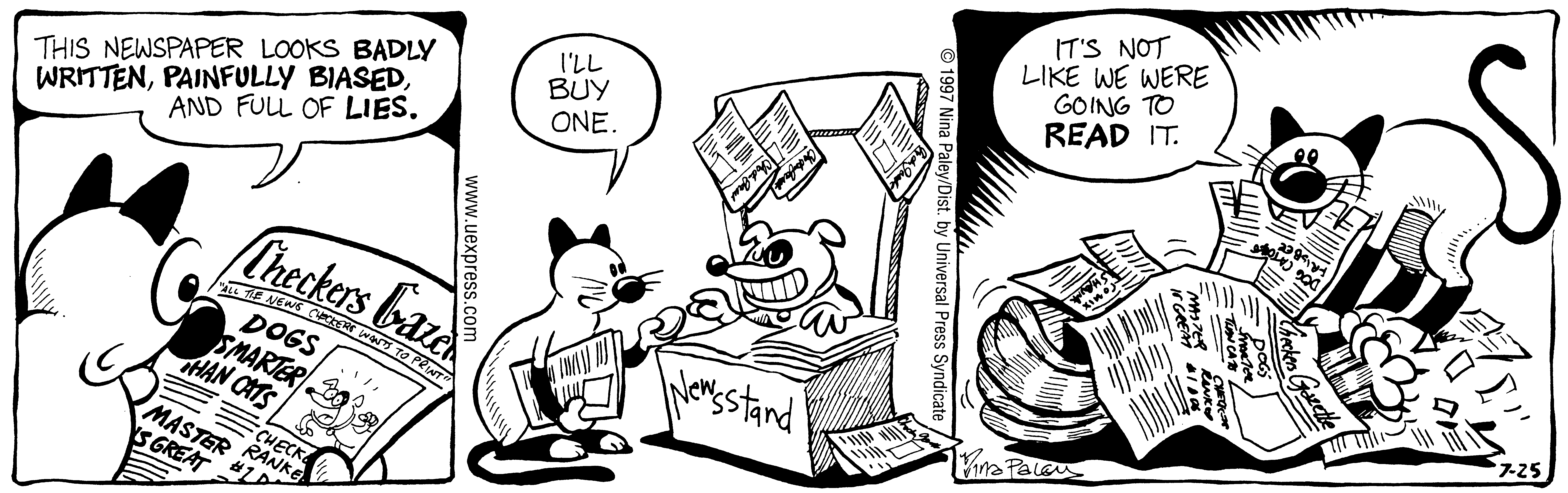 Fluff daily strip, Jul 25, 1997. Nina Paley, CC BY-SA 3.0 US. Print master from https://archive.org/details/FluffComicStrips (TIFF converted losslessly to PNG for the web).