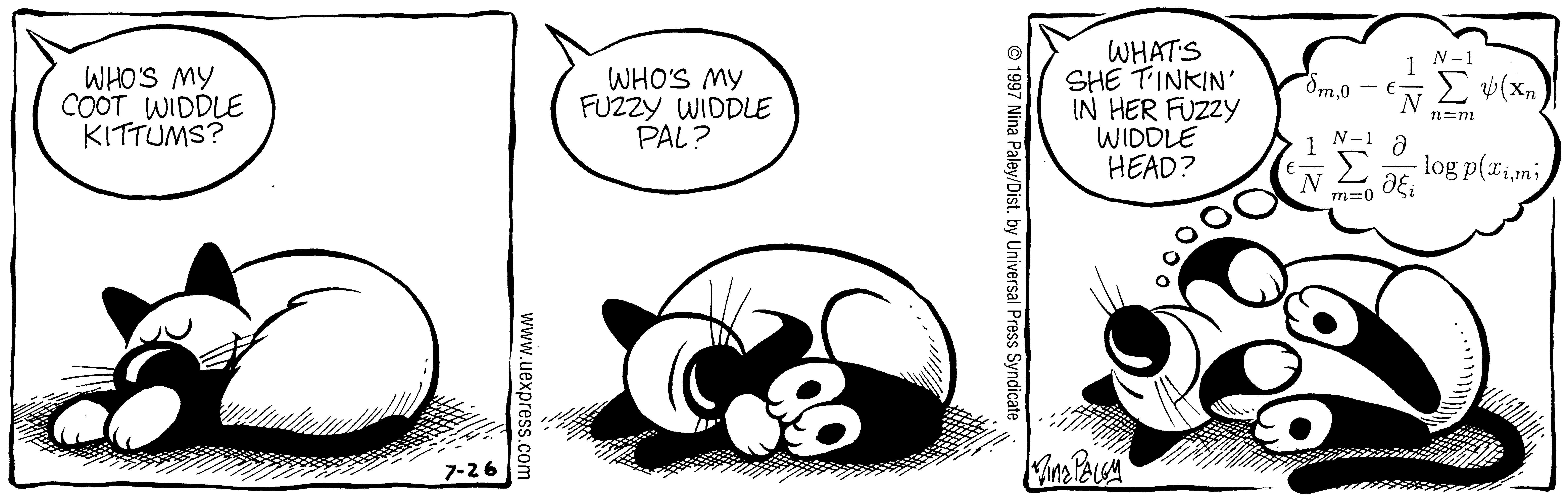 Fluff daily strip, Jul 26, 1997. Nina Paley, CC BY-SA 3.0 US. Print master from https://archive.org/details/FluffComicStrips (TIFF converted losslessly to PNG for the web).
