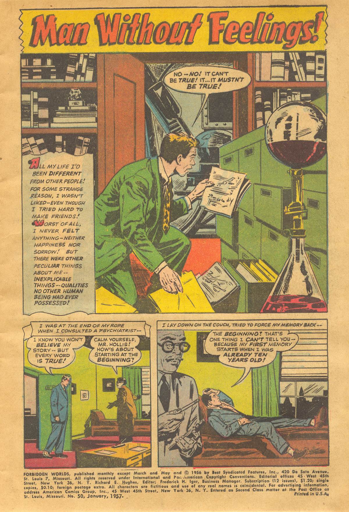Forbidden Worlds #50 (American Comics Group), page 3. Public domain (US).