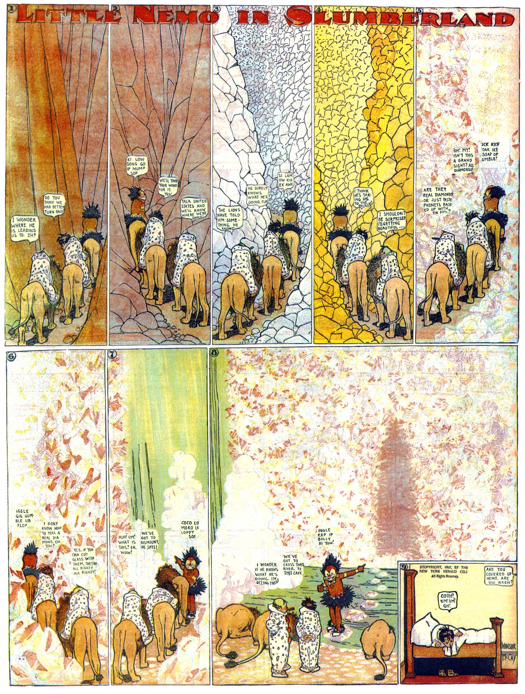 Little Nemo in Slumberland (1905–1914), page 108. Little Nemo in Slumberland by Winsor McCay. Public domain in the United States. https://archive.org/details/LittleNemo1905-14FromWinsorMccayAsCbz