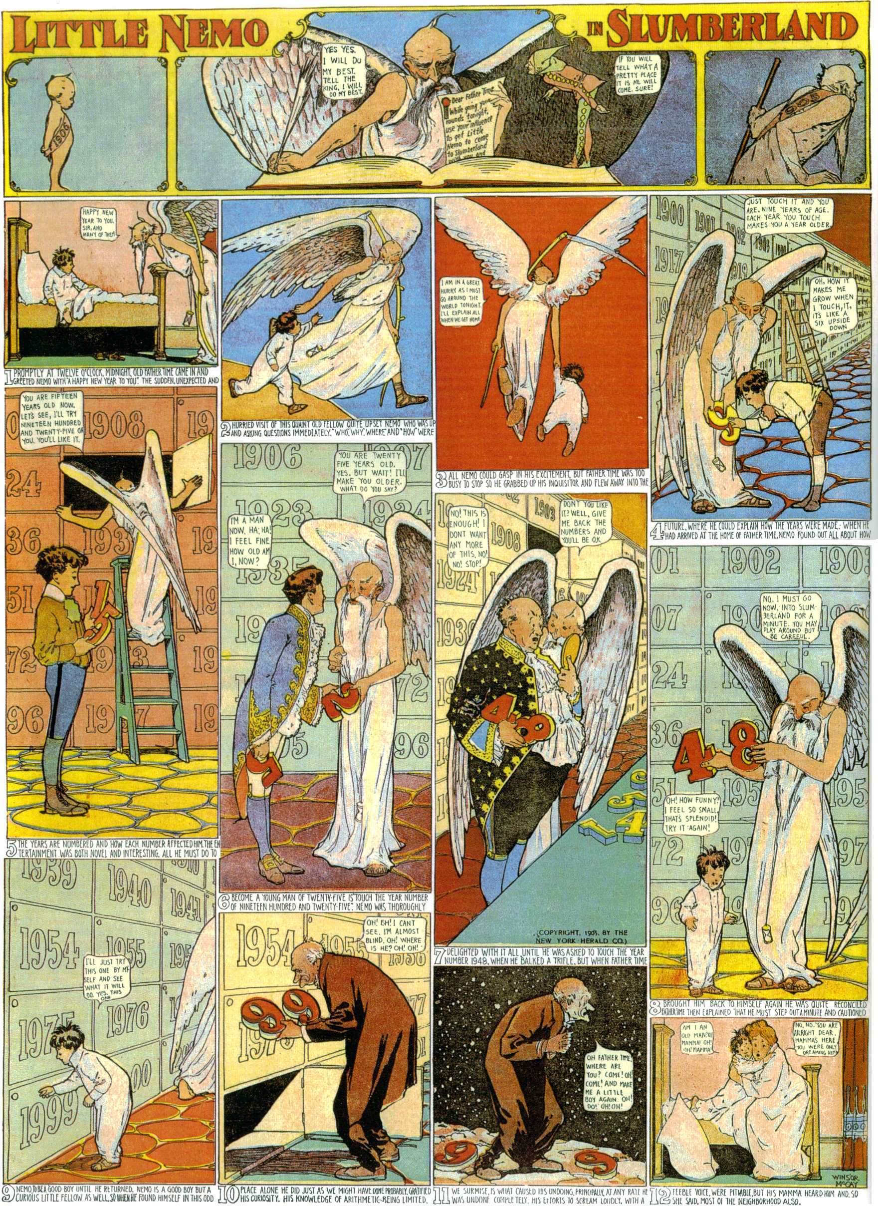 Little Nemo in Slumberland (1905–1914), page 12. Little Nemo in Slumberland by Winsor McCay. Public domain in the United States. https://archive.org/details/LittleNemo1905-14FromWinsorMccayAsCbz