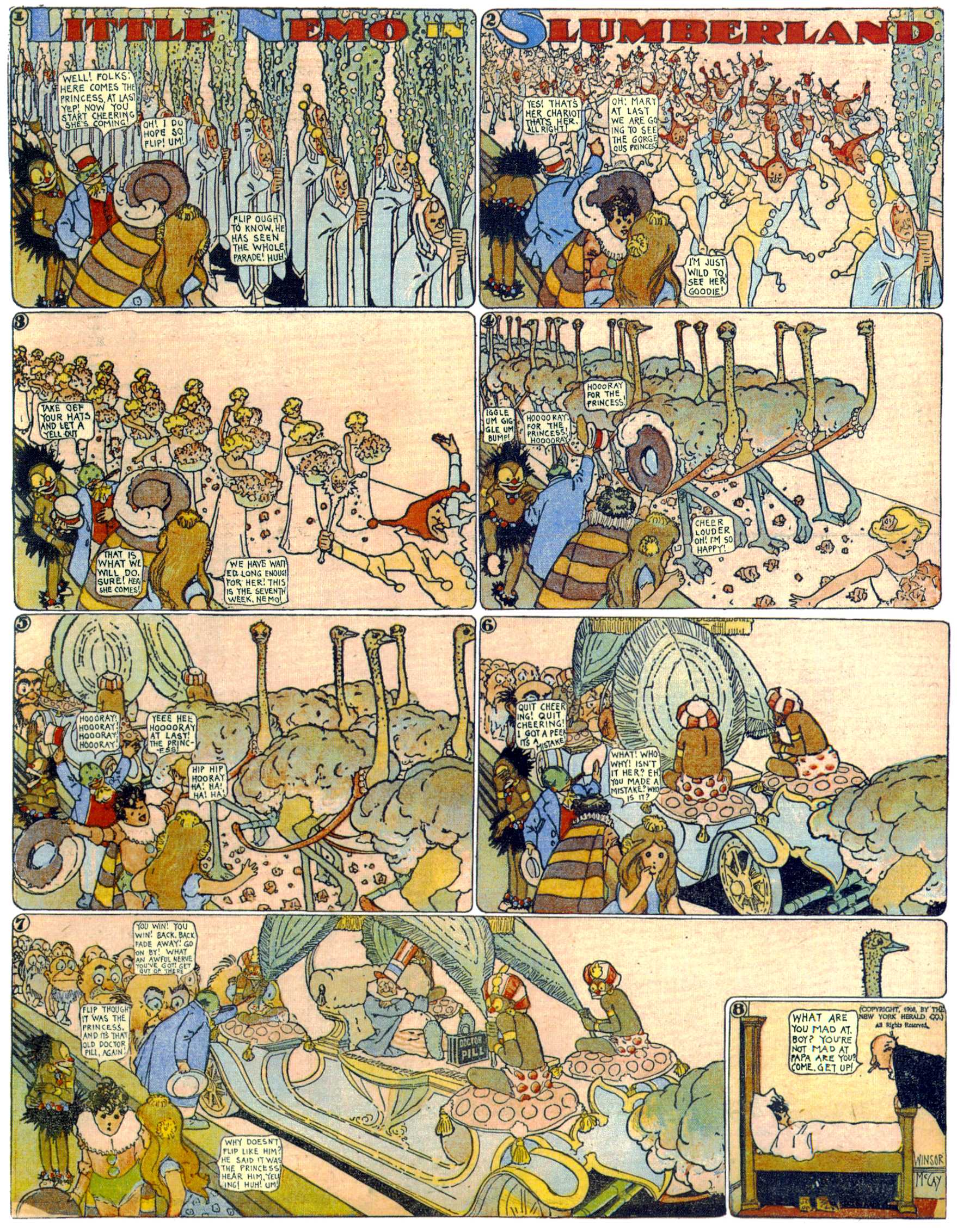 Little Nemo in Slumberland (1905–1914), page 142. Little Nemo in Slumberland by Winsor McCay. Public domain in the United States. https://archive.org/details/LittleNemo1905-14FromWinsorMccayAsCbz