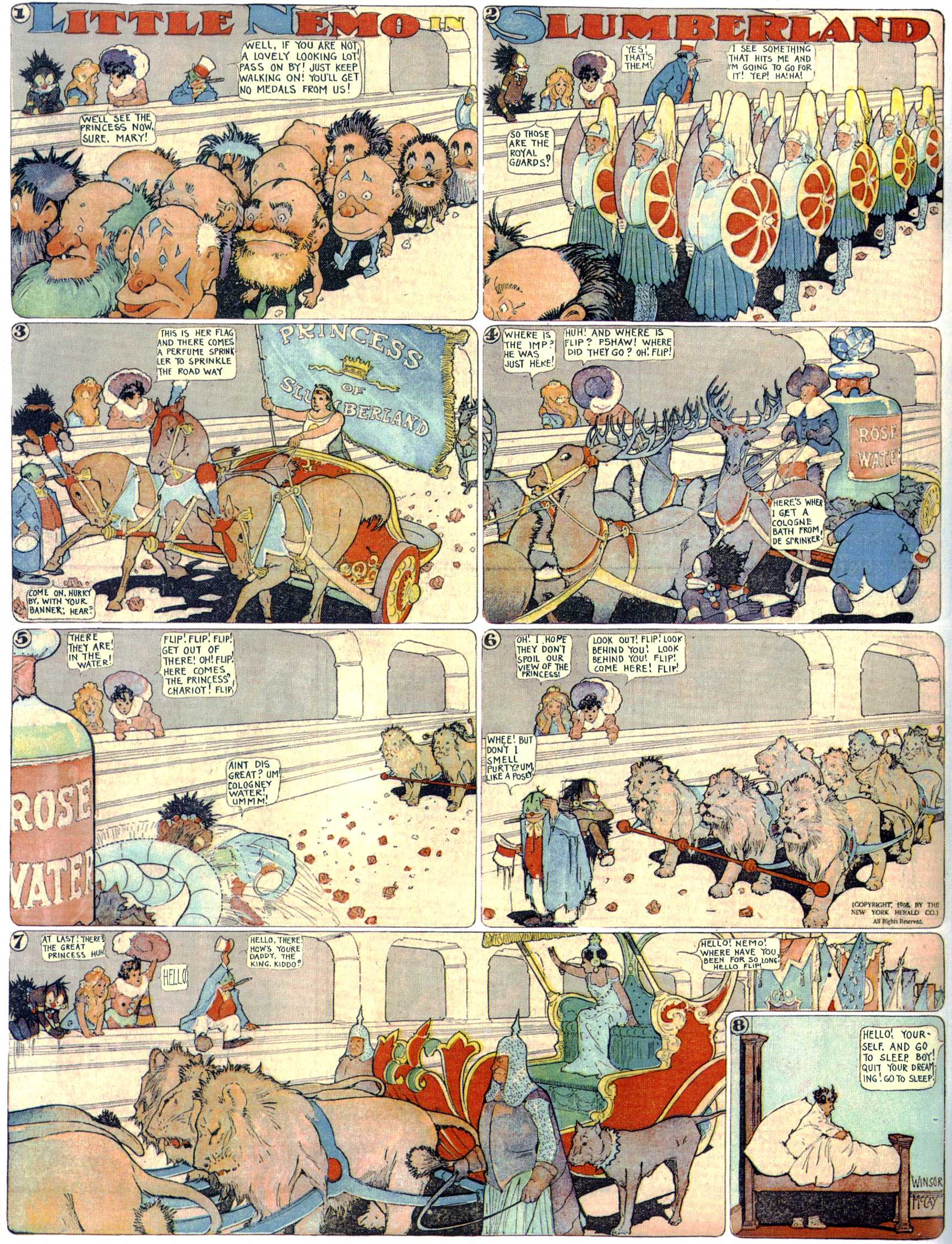 Little Nemo in Slumberland (1905–1914), page 143. Little Nemo in Slumberland by Winsor McCay. Public domain in the United States. https://archive.org/details/LittleNemo1905-14FromWinsorMccayAsCbz