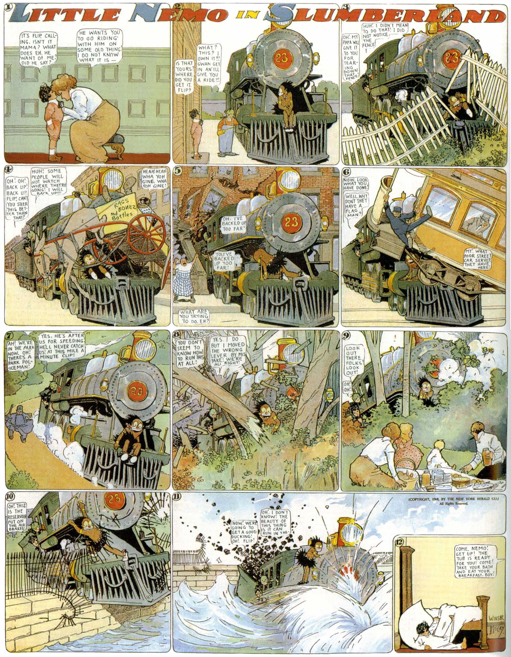 Little Nemo in Slumberland (1905–1914), page 153. Little Nemo in Slumberland by Winsor McCay. Public domain in the United States. https://archive.org/details/LittleNemo1905-14FromWinsorMccayAsCbz