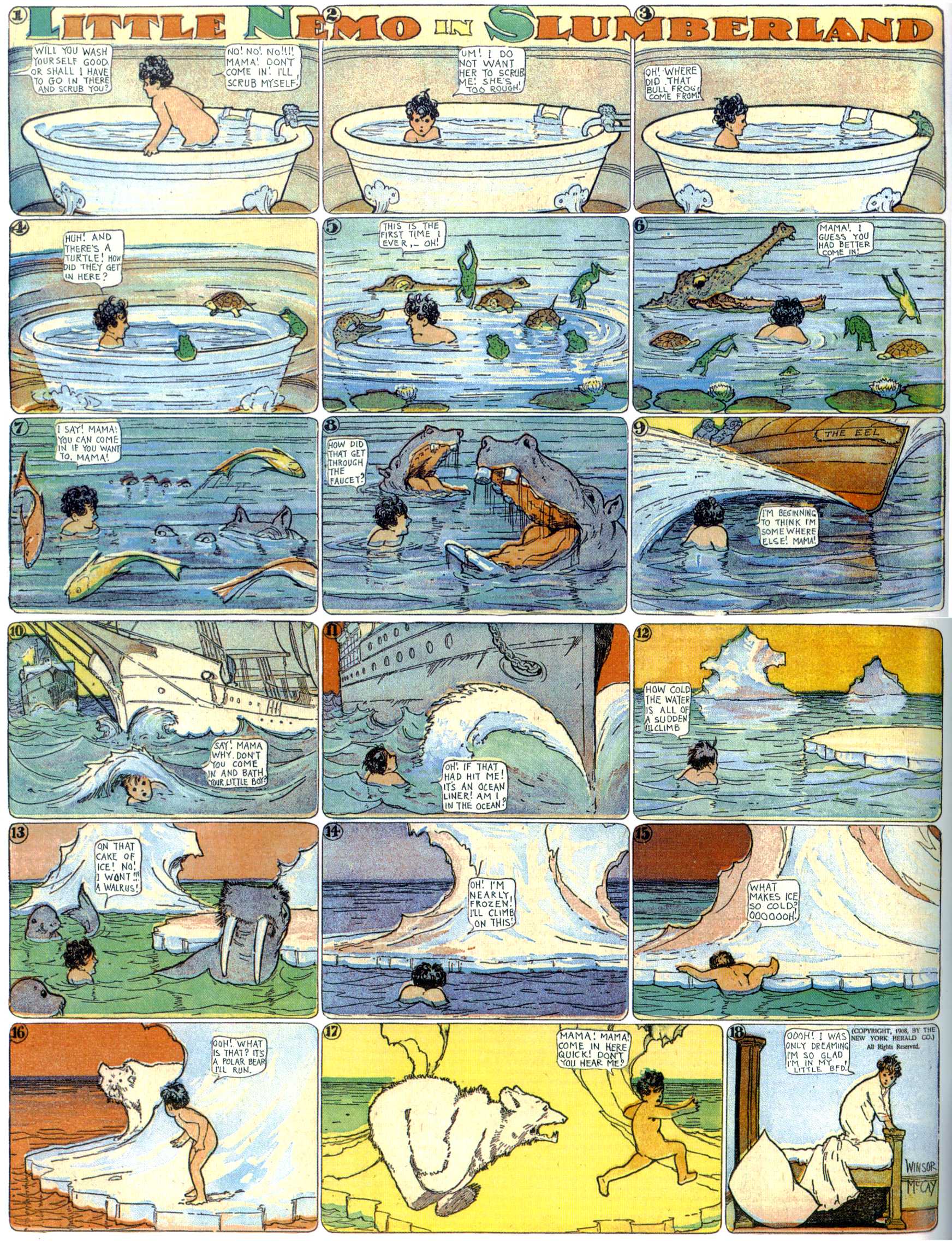 Little Nemo in Slumberland (1905–1914), page 157. Little Nemo in Slumberland by Winsor McCay. Public domain in the United States. https://archive.org/details/LittleNemo1905-14FromWinsorMccayAsCbz