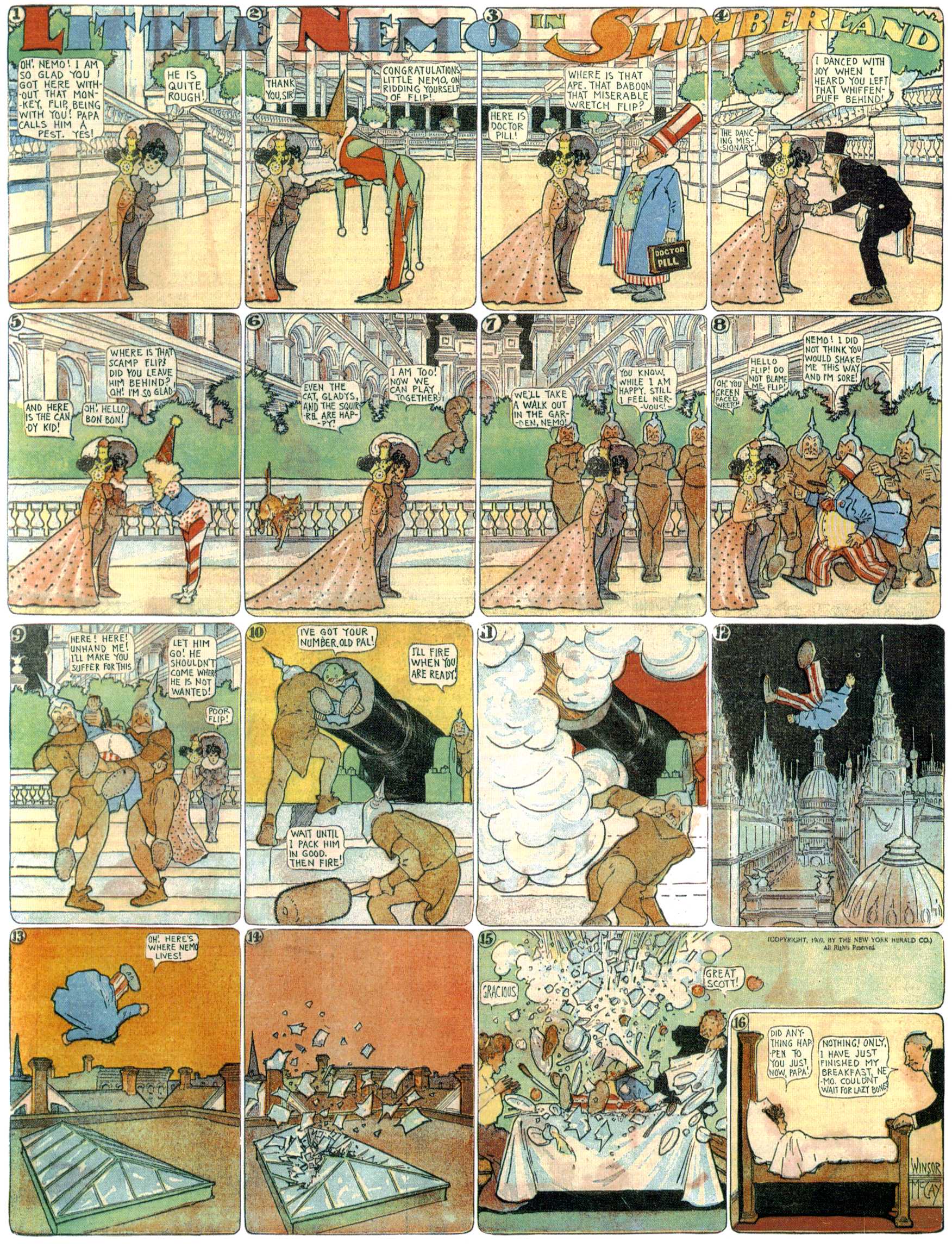 Little Nemo in Slumberland (1905–1914), page 182. Little Nemo in Slumberland by Winsor McCay. Public domain in the United States. https://archive.org/details/LittleNemo1905-14FromWinsorMccayAsCbz