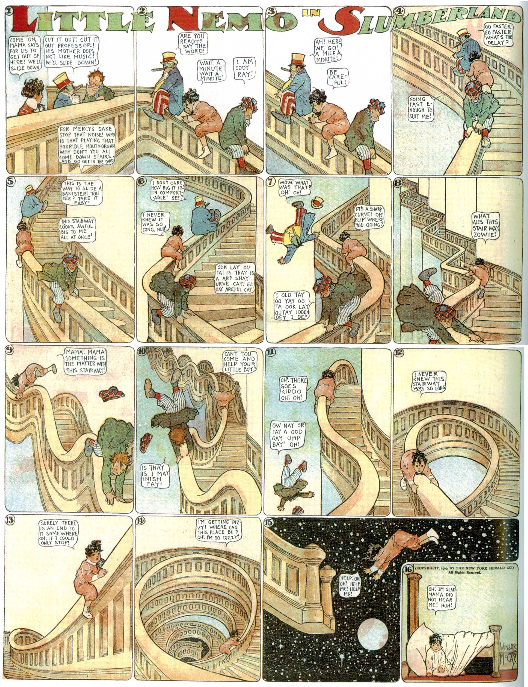 Little Nemo in Slumberland (1905–1914), page 185. Little Nemo in Slumberland by Winsor McCay. Public domain in the United States. https://archive.org/details/LittleNemo1905-14FromWinsorMccayAsCbz