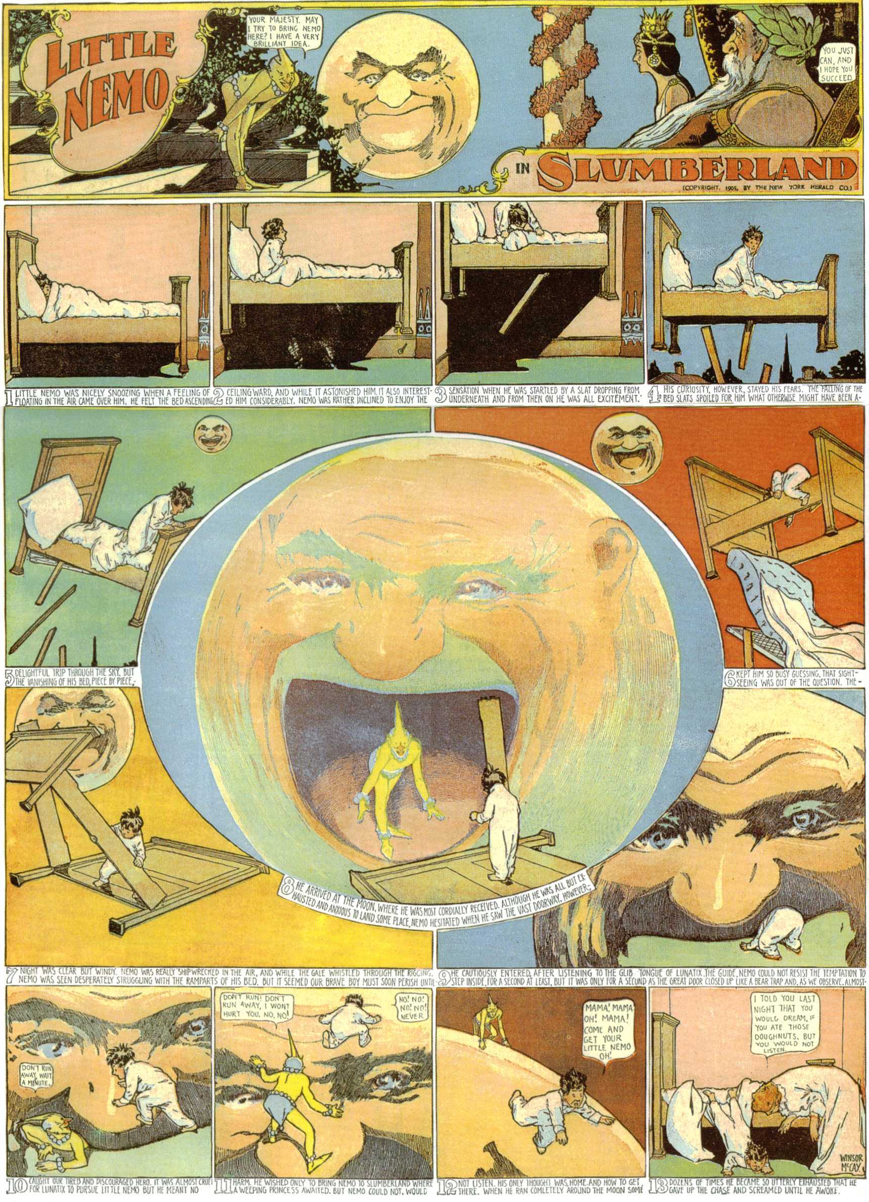 Little Nemo in Slumberland (1905–1914), page 8. Little Nemo in Slumberland by Winsor McCay. Public domain in the United States. https://archive.org/details/LittleNemo1905-14FromWinsorMccayAsCbz