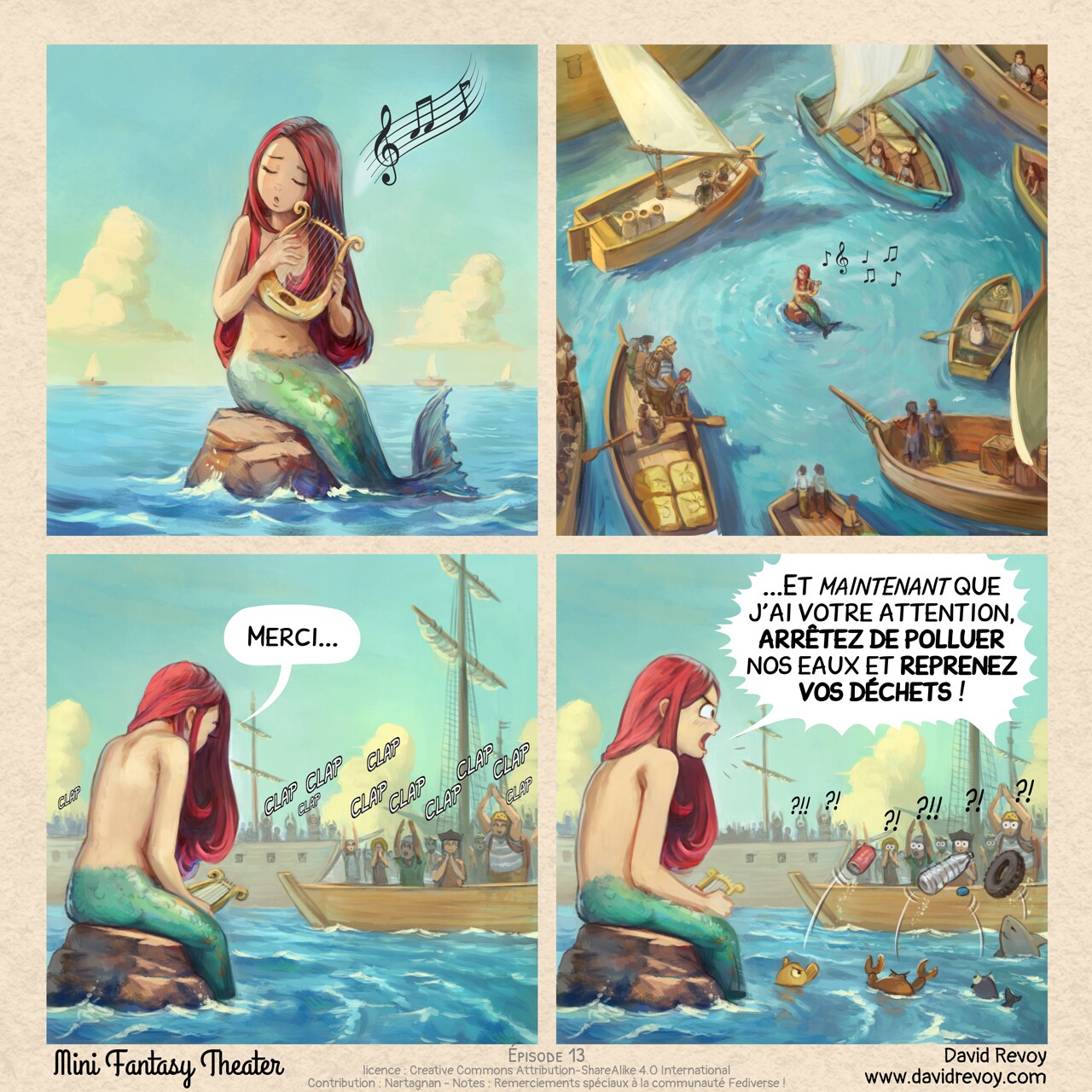 Mini Fantasy Theater #13: Mermaid (2025-08-06). David Revoy, CC BY-SA 4.0. translation: Nicolas Artance; contribution: Nartagnan; notes: Remerciements spéciaux à la communauté Fediverse !. https://www.peppercarrot.com/en/webcomics/miniFantasyTheater.html