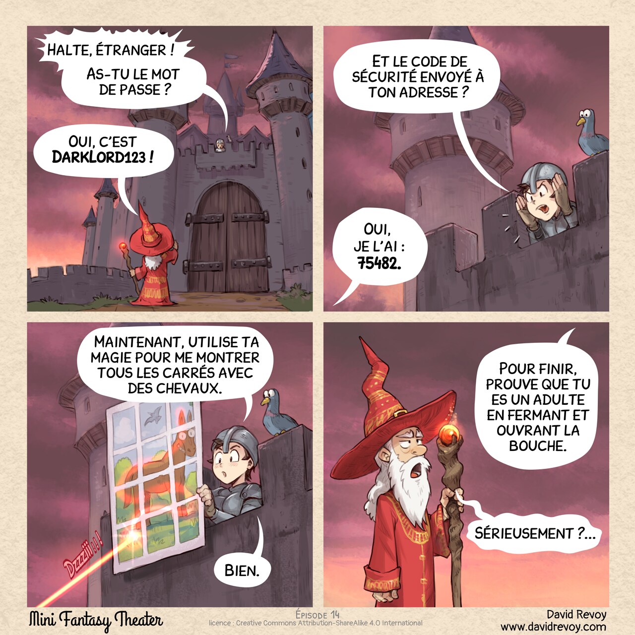 Mini Fantasy Theater #14: Sécurité (2025-08-13). David Revoy, CC BY-SA 4.0. translation: Nicolas Artance. https://www.peppercarrot.com/en/webcomics/miniFantasyTheater.html