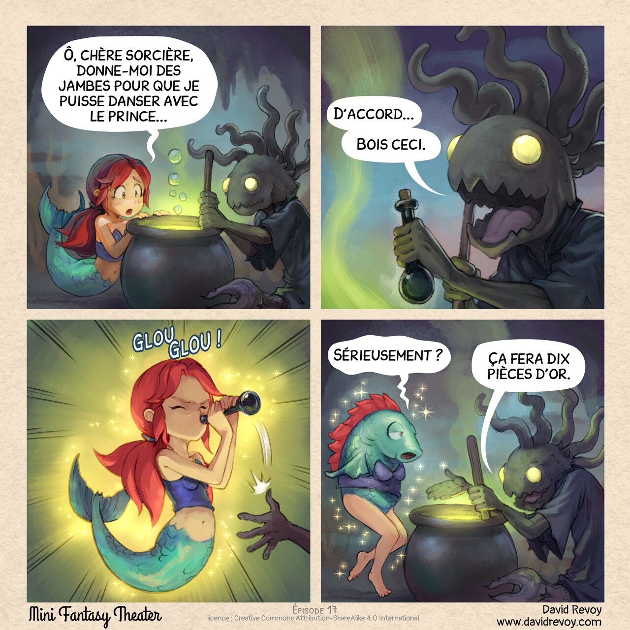 Mini Fantasy Theater #17: Sirène Inversée : Origines (2025-09-04). David Revoy, CC BY-SA 4.0. translation: Nicolas Artance. https://www.peppercarrot.com/en/webcomics/miniFantasyTheater.html