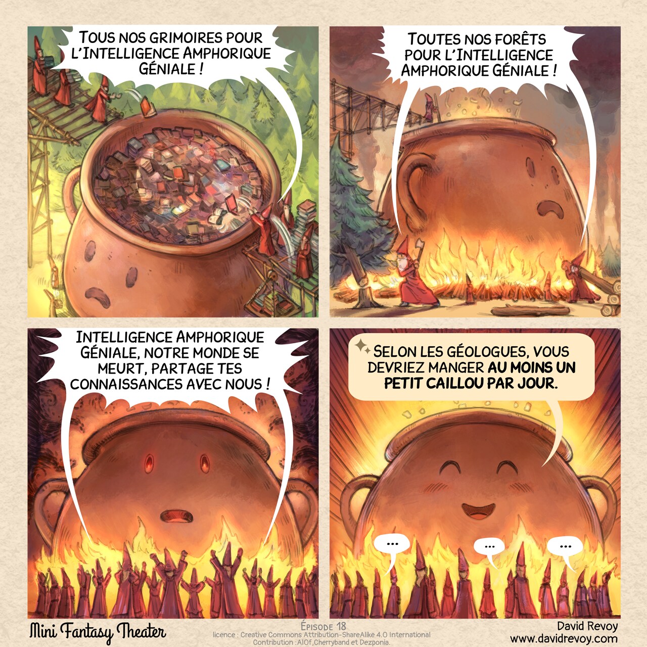 Mini Fantasy Theater #18: L'Intelligence Amphorique Géniale (IAG) (2025-09-10). David Revoy, CC BY-SA 4.0. translation: Nicolas Artance; contribution: Al0f, Cherryband, Dezponia. https://www.peppercarrot.com/en/webcomics/miniFantasyTheater.html
