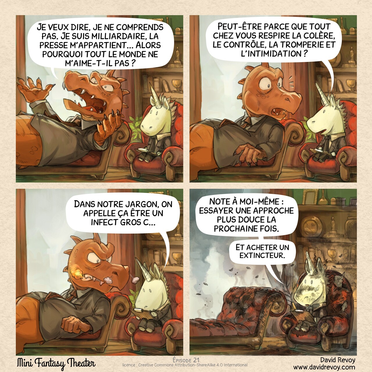 Mini Fantasy Theater #21: Un problème brûlant (2025-10-01). David Revoy, CC BY-SA 4.0. translation: Nicolas Artance. https://www.peppercarrot.com/en/webcomics/miniFantasyTheater.html