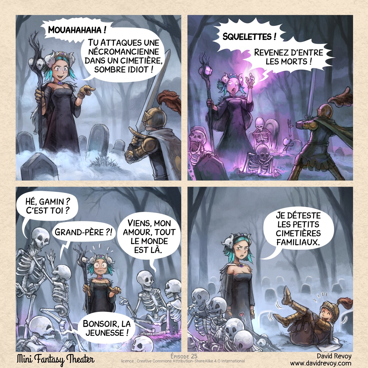 Mini Fantasy Theater #25: Surprise au cimetière (Spécial Halloween) (2025-10-29). David Revoy, CC BY-SA 4.0. translation: Nicolas Artance. https://www.peppercarrot.com/en/webcomics/miniFantasyTheater.html
