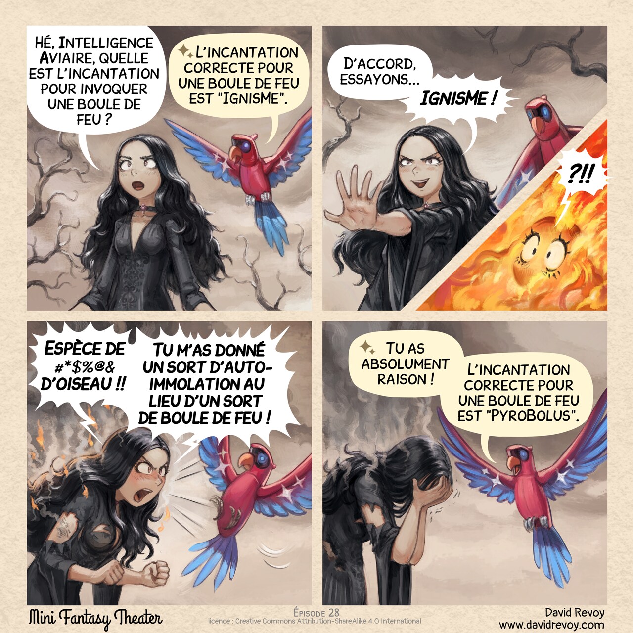 Mini Fantasy Theater #28: L'Incantation Correcte (2025-11-26). David Revoy, CC BY-SA 4.0. translation: Nicolas Artance. https://www.peppercarrot.com/en/webcomics/miniFantasyTheater.html