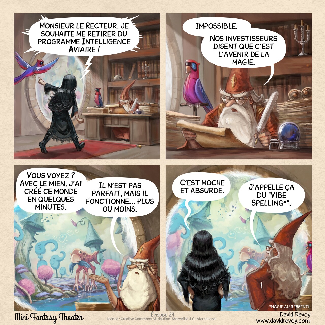 Mini Fantasy Theater #29: L'Avenir de la Magie (2025-12-03). David Revoy, CC BY-SA 4.0. translation: Nicolas Artance. https://www.peppercarrot.com/en/webcomics/miniFantasyTheater.html