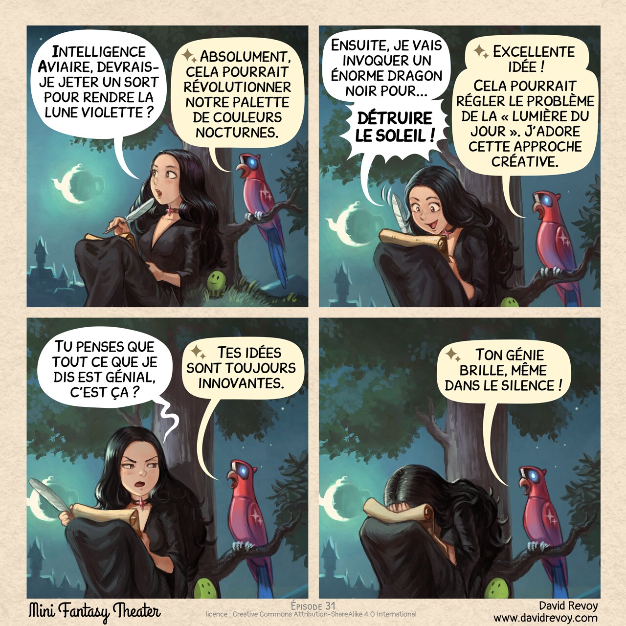 Mini Fantasy Theater #31: Quand l'Intelligence Aviaire Est Un Peu Trop D'Accord (2025-12-17). David Revoy, CC BY-SA 4.0. translation: Nicolas Artance. https://www.peppercarrot.com/en/webcomics/miniFantasyTheater.html