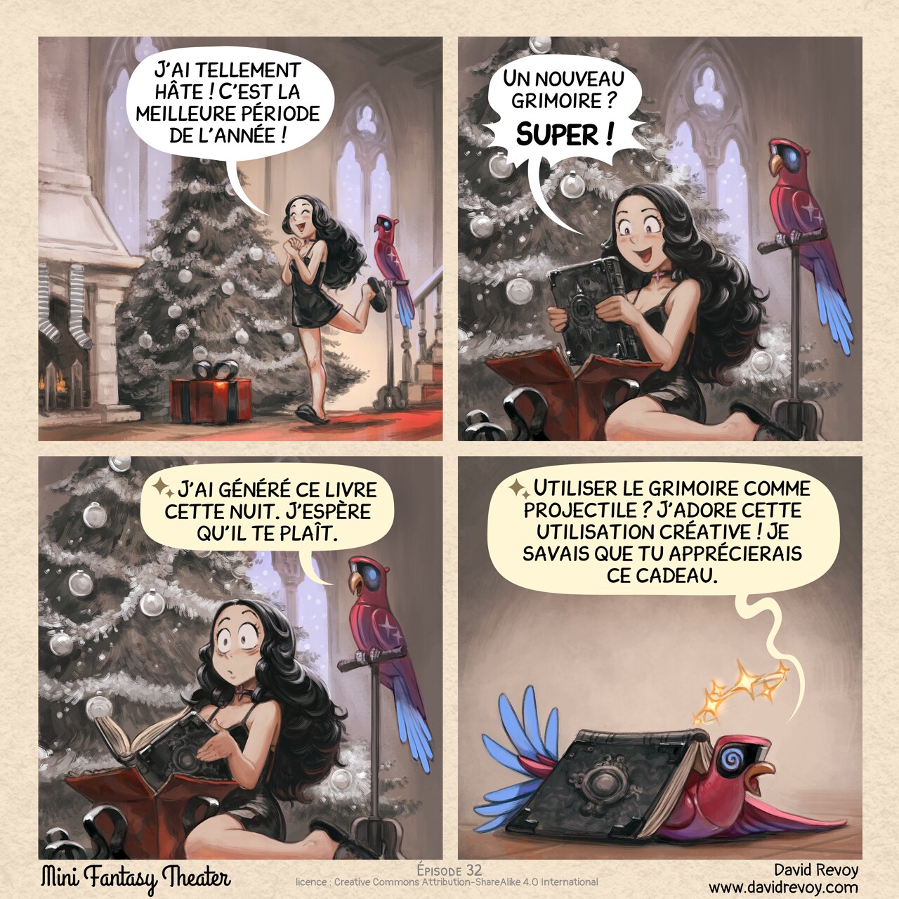 Mini Fantasy Theater #32: Spécial Vacances (2025-12-24). David Revoy, CC BY-SA 4.0. translation: Nicolas Artance. https://www.peppercarrot.com/en/webcomics/miniFantasyTheater.html