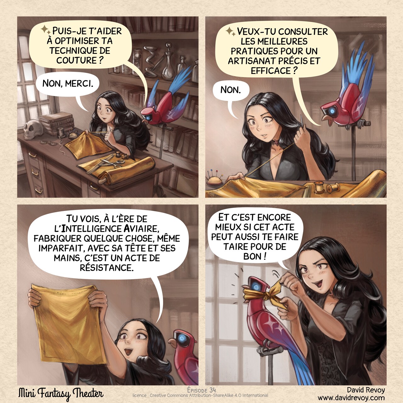 Mini Fantasy Theater #34: Un Acte de Résistance (2026-01-07). David Revoy, CC BY-SA 4.0. translation: Nicolas Artance. https://www.peppercarrot.com/en/webcomics/miniFantasyTheater.html