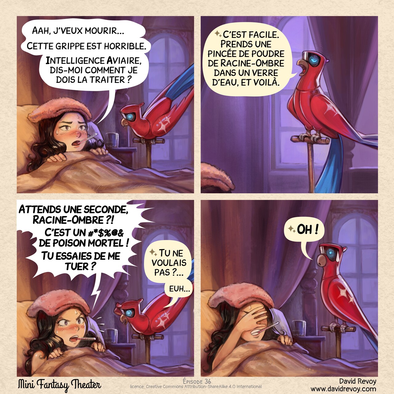 Mini Fantasy Theater #36: Recommandations médicales avec l'Intelligence Aviaire (2026-01-22). David Revoy, CC BY-SA 4.0. translation: Nicolas Artance. https://www.peppercarrot.com/en/webcomics/miniFantasyTheater.html