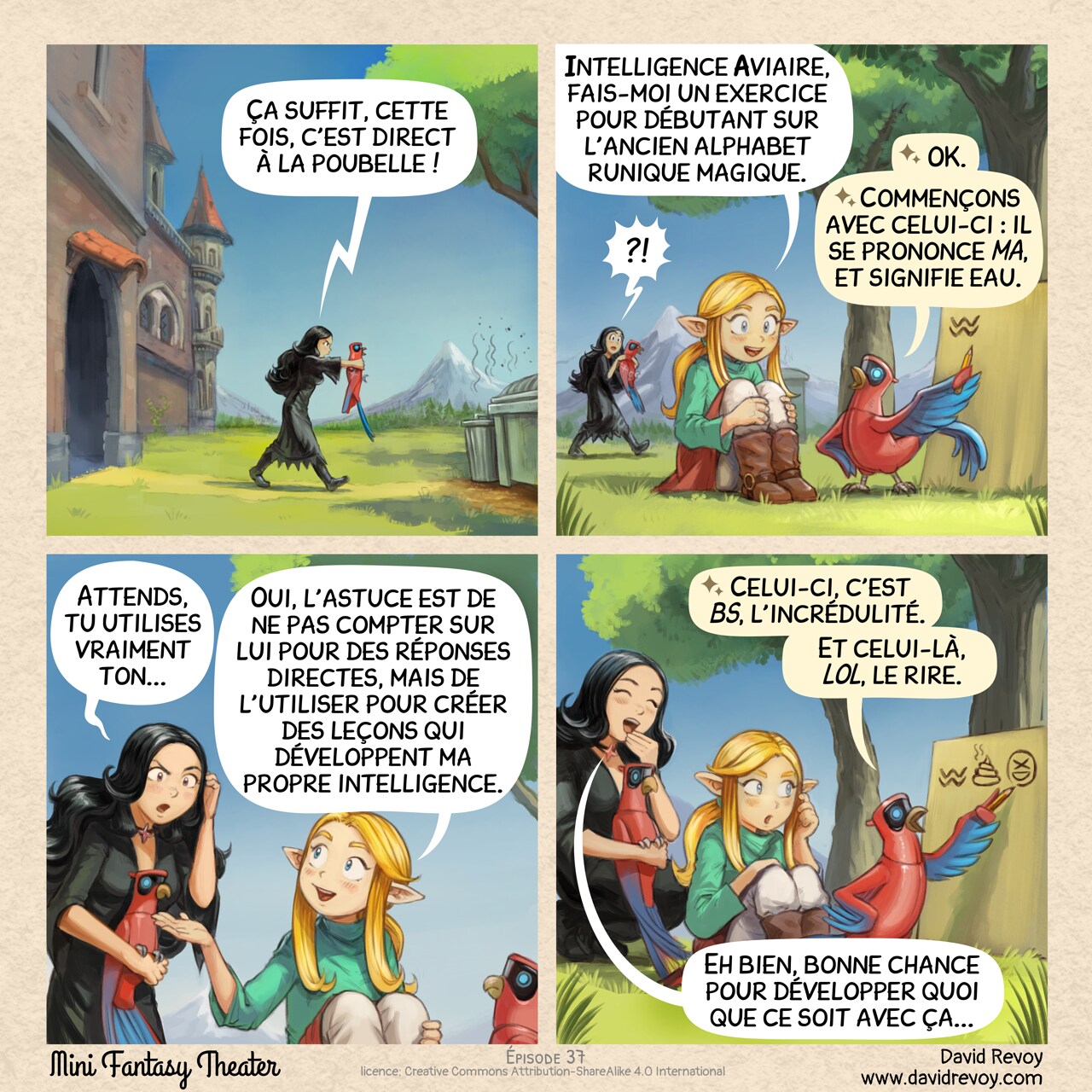 Mini Fantasy Theater #37: Leçons Générées (2026-01-28). David Revoy, CC BY-SA 4.0. translation: Nicolas Artance. https://www.peppercarrot.com/en/webcomics/miniFantasyTheater.html