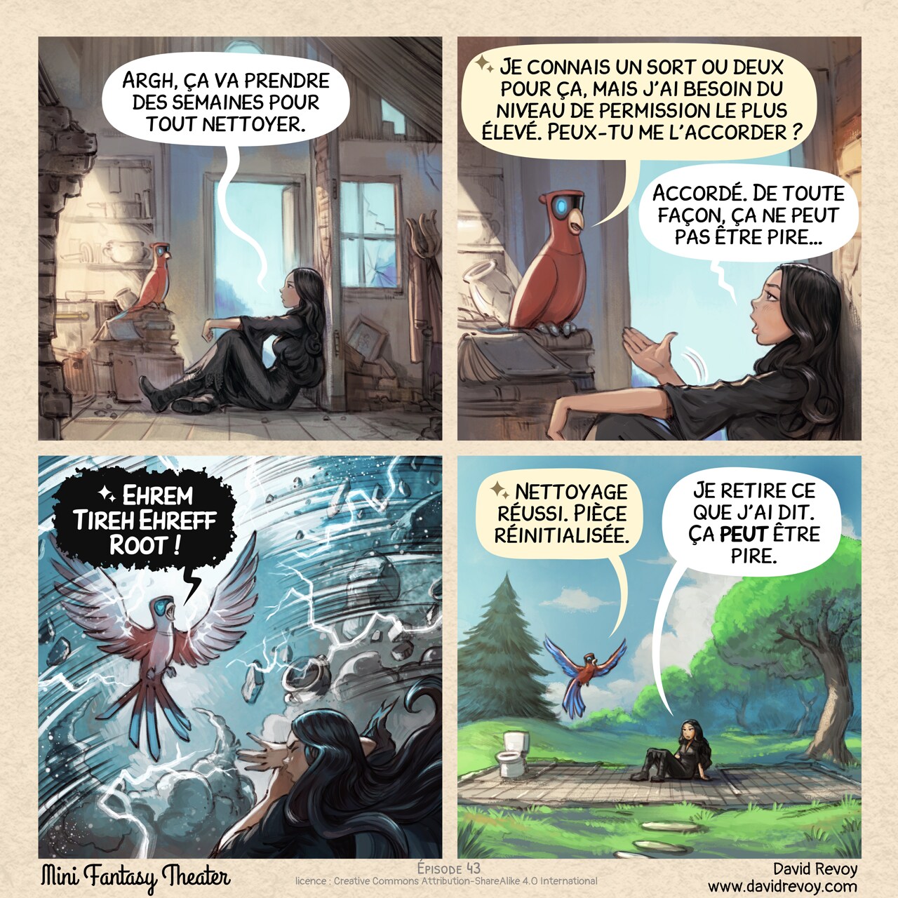 Mini Fantasy Theater #43: Ne donnez jamais des permissions élevées à une Intelligence Aviaire… (2026-03-11). David Revoy, CC BY-SA 4.0. translation: Nicolas Artance. https://www.peppercarrot.com/en/webcomics/miniFantasyTheater.html