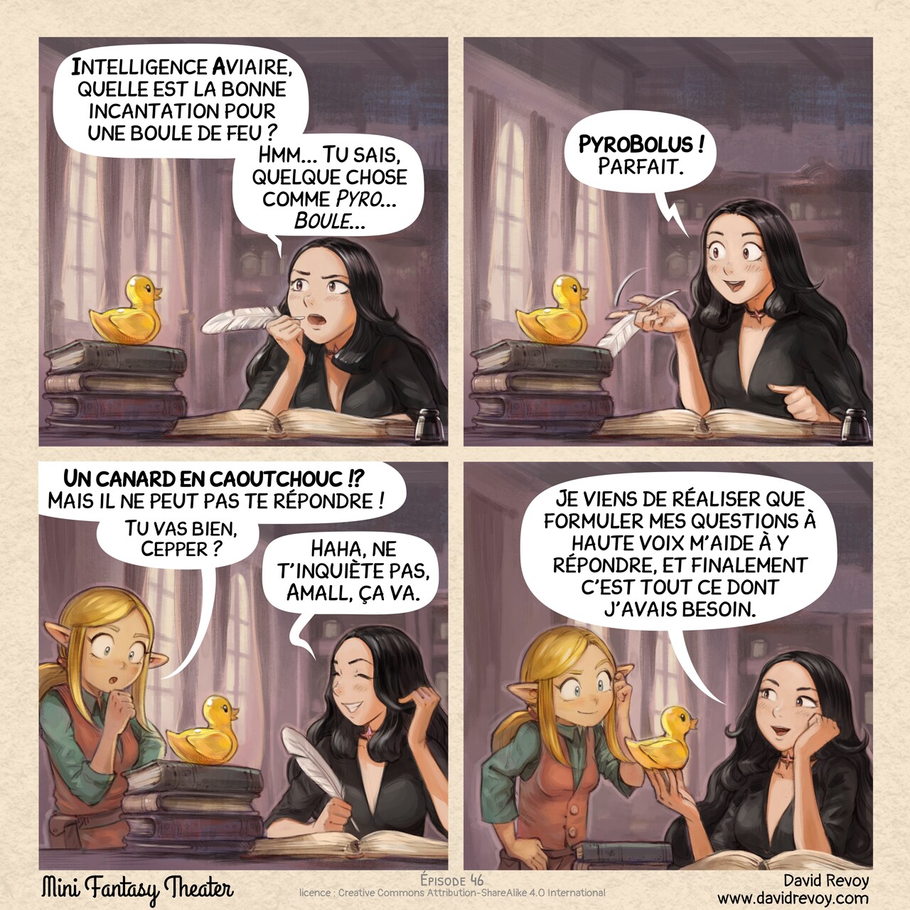 Mini Fantasy Theater #46: Rubber Ducking (2026-04-01). David Revoy, CC BY-SA 4.0. translation: Nicolas Artance. https://www.peppercarrot.com/en/webcomics/miniFantasyTheater.html