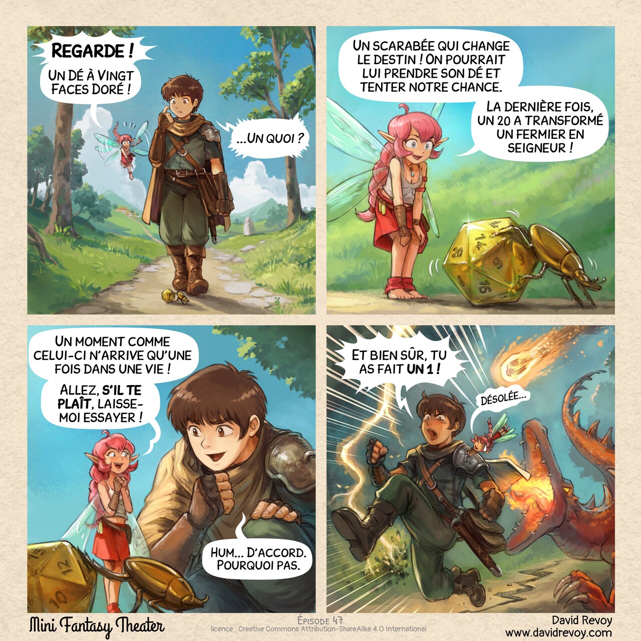 Mini Fantasy Theater #47: Le Dé à Vingt Faces Doré (2026-04-08). David Revoy, CC BY-SA 4.0. translation: Nicolas Artance. https://www.peppercarrot.com/en/webcomics/miniFantasyTheater.html